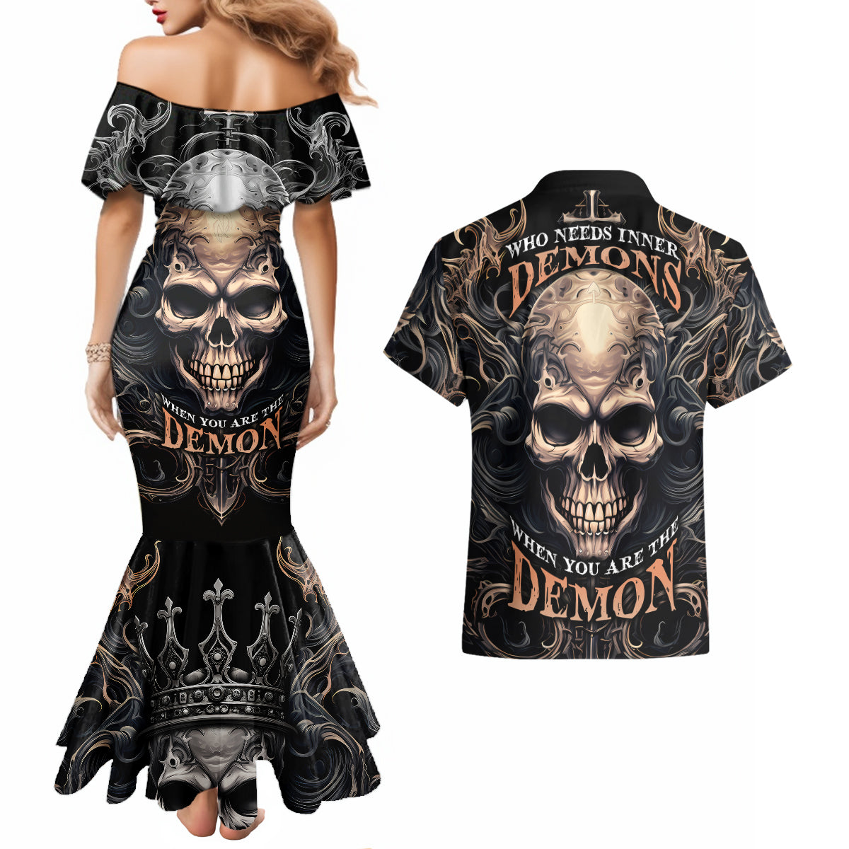 Skull Fantasy Couples Matching Mermaid Dress and Hawaiian Shirt Who Needs Inner Demons When You Are The Demon - Wonder Print Shop