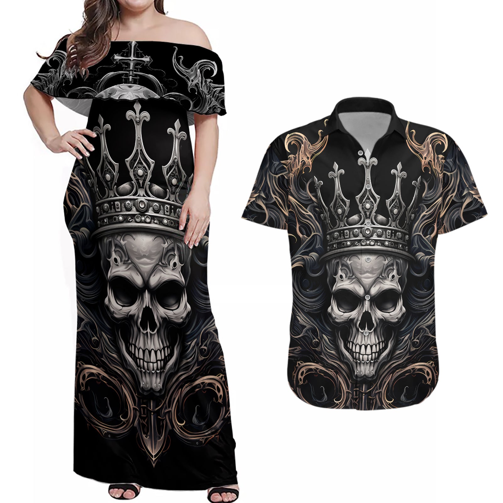 Skull Fantasy Couples Matching Off Shoulder Maxi Dress and Hawaiian Shirt Who Needs Inner Demons When You Are The Demon - Wonder Print Shop