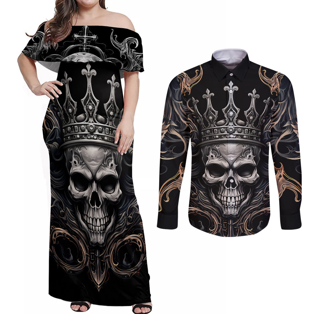 Skull Fantasy Couples Matching Off Shoulder Maxi Dress and Long Sleeve Button Shirts Who Needs Inner Demons When You Are The Demon - Wonder Print Shop