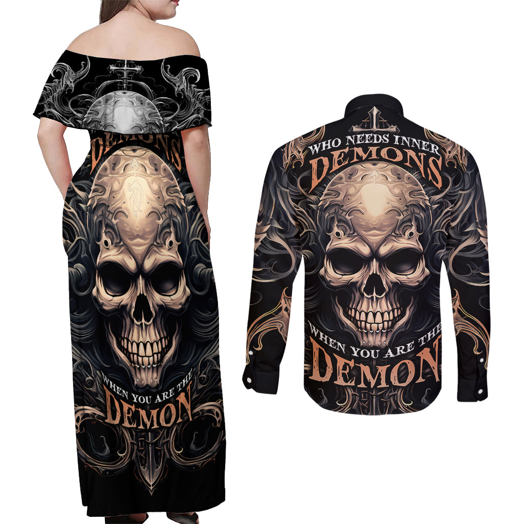 Skull Fantasy Couples Matching Off Shoulder Maxi Dress and Long Sleeve Button Shirts Who Needs Inner Demons When You Are The Demon - Wonder Print Shop
