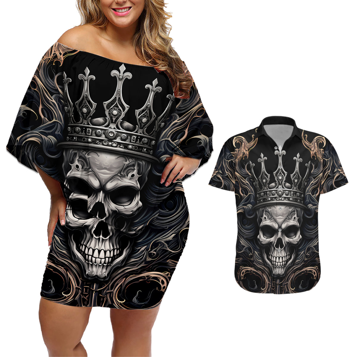 Skull Fantasy Couples Matching Off Shoulder Short Dress and Hawaiian Shirt Who Needs Inner Demons When You Are The Demon - Wonder Print Shop