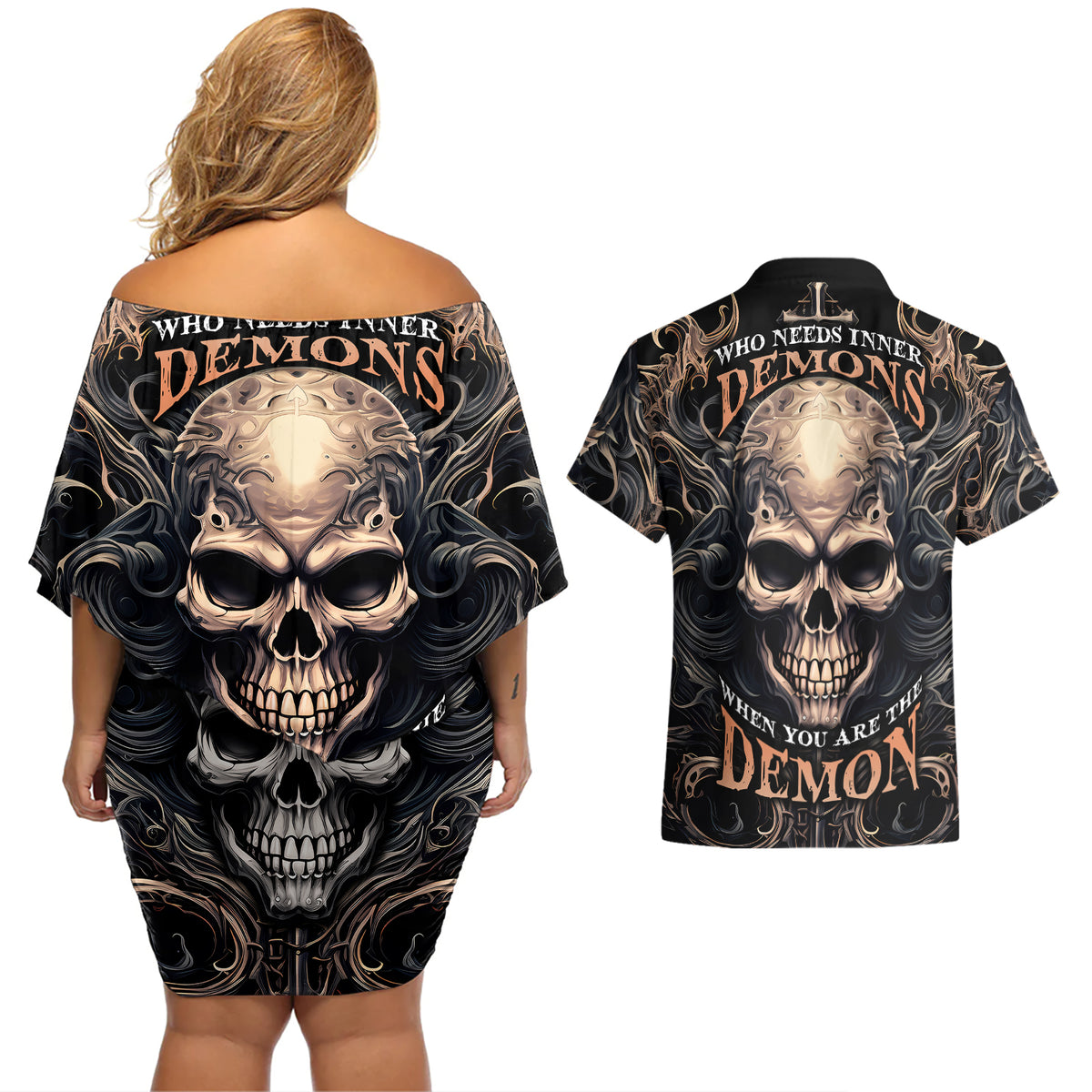 Skull Fantasy Couples Matching Off Shoulder Short Dress and Hawaiian Shirt Who Needs Inner Demons When You Are The Demon - Wonder Print Shop