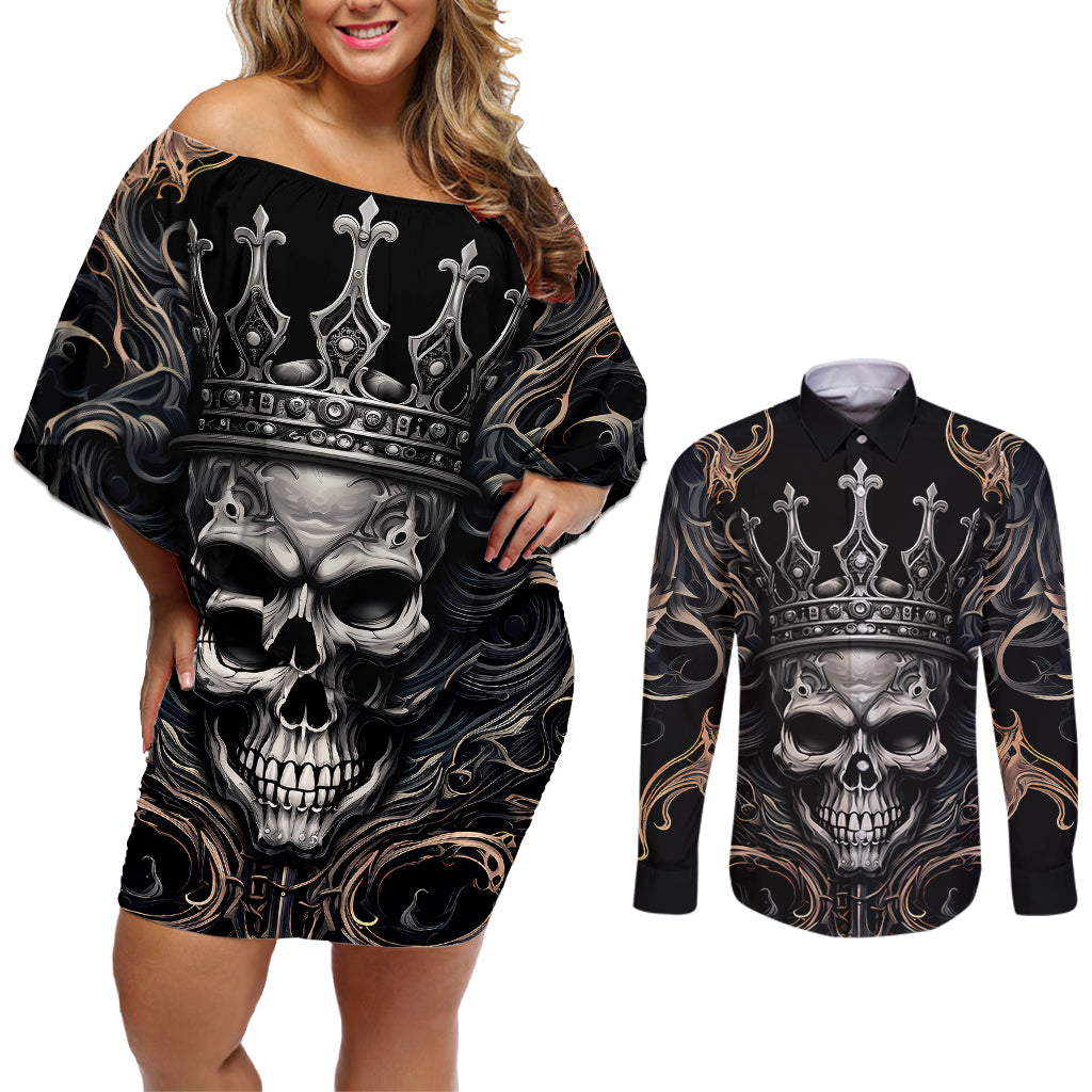 Skull Fantasy Couples Matching Off Shoulder Short Dress and Long Sleeve Button Shirts Who Needs Inner Demons When You Are The Demon - Wonder Print Shop