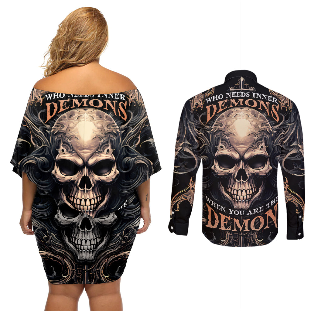 Skull Fantasy Couples Matching Off Shoulder Short Dress and Long Sleeve Button Shirts Who Needs Inner Demons When You Are The Demon - Wonder Print Shop