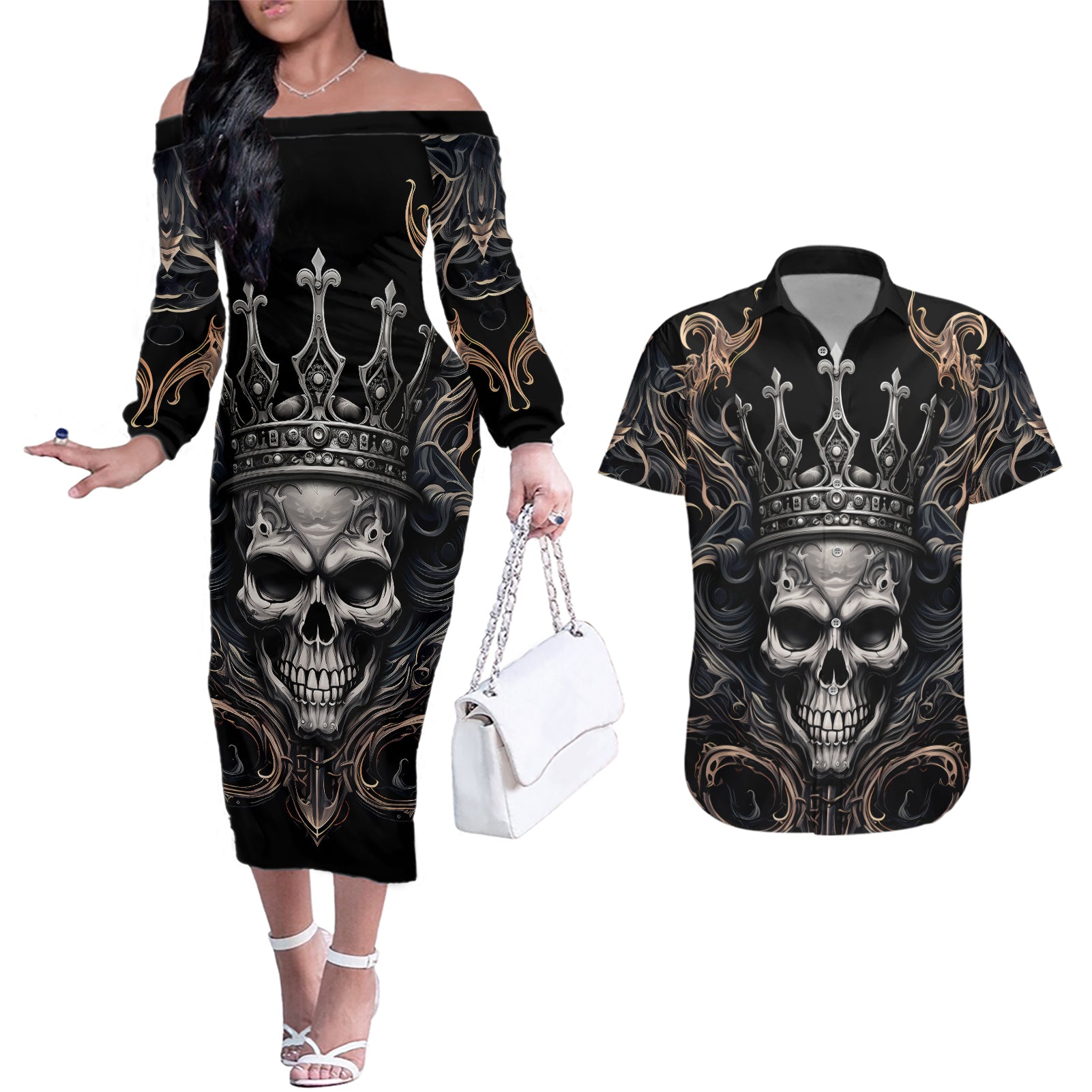 Skull Fantasy Couples Matching Off The Shoulder Long Sleeve Dress and Hawaiian Shirt Who Needs Inner Demons When You Are The Demon - Wonder Print Shop