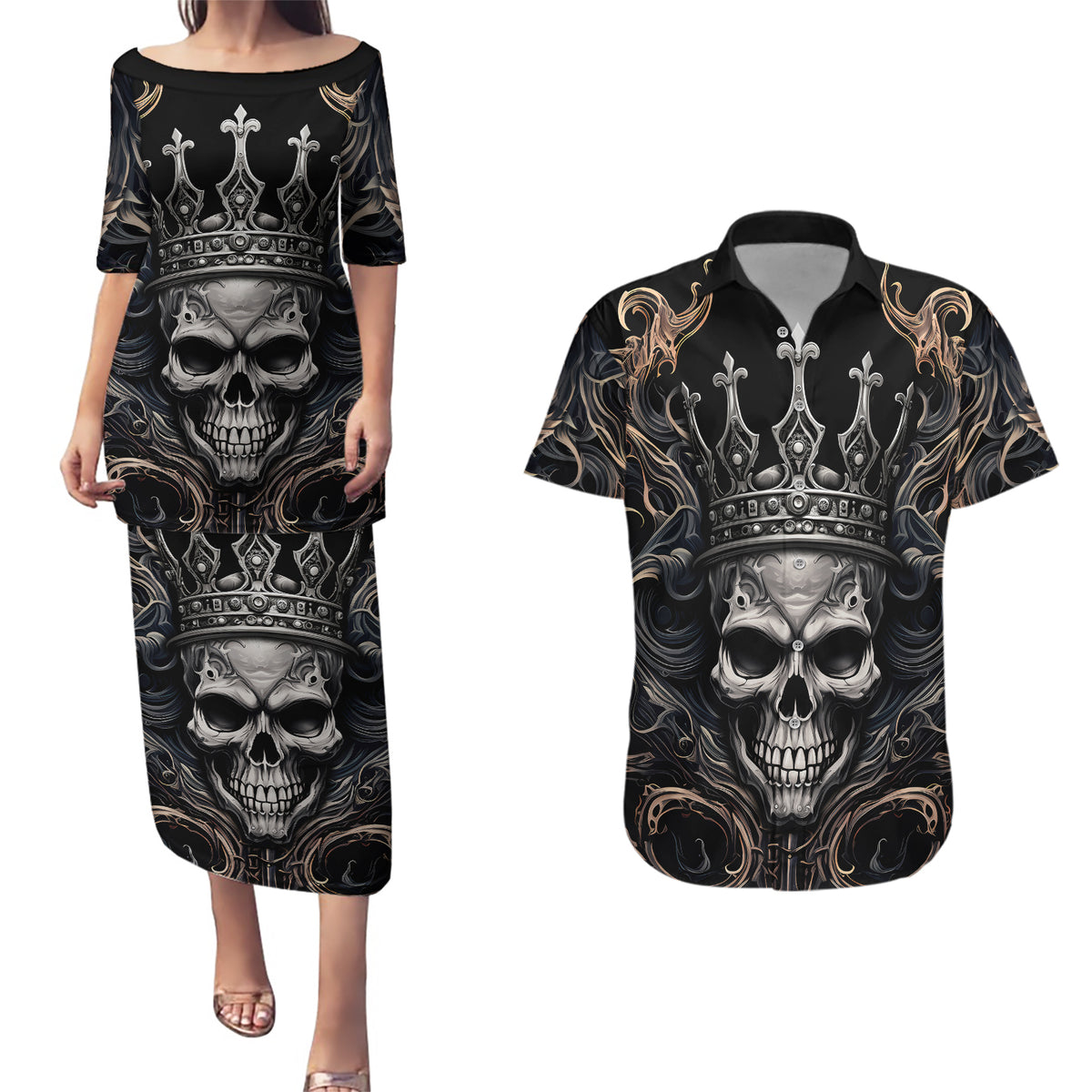 Skull Fantasy Couples Matching Puletasi Dress and Hawaiian Shirt Who Needs Inner Demons When You Are The Demon - Wonder Print Shop