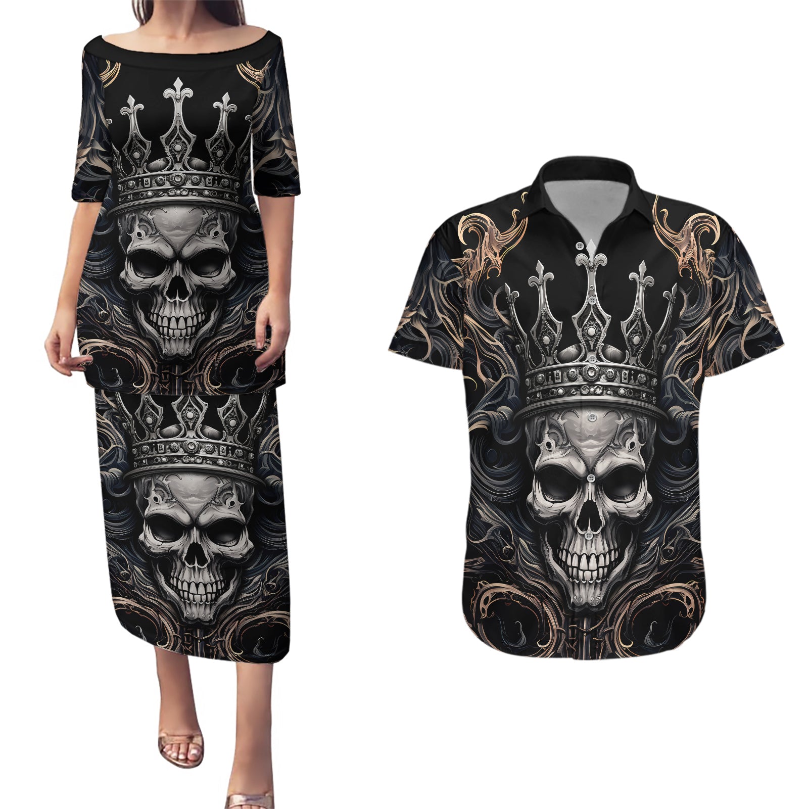 Skull Fantasy Couples Matching Puletasi Dress and Hawaiian Shirt Who Needs Inner Demons When You Are The Demon - Wonder Print Shop