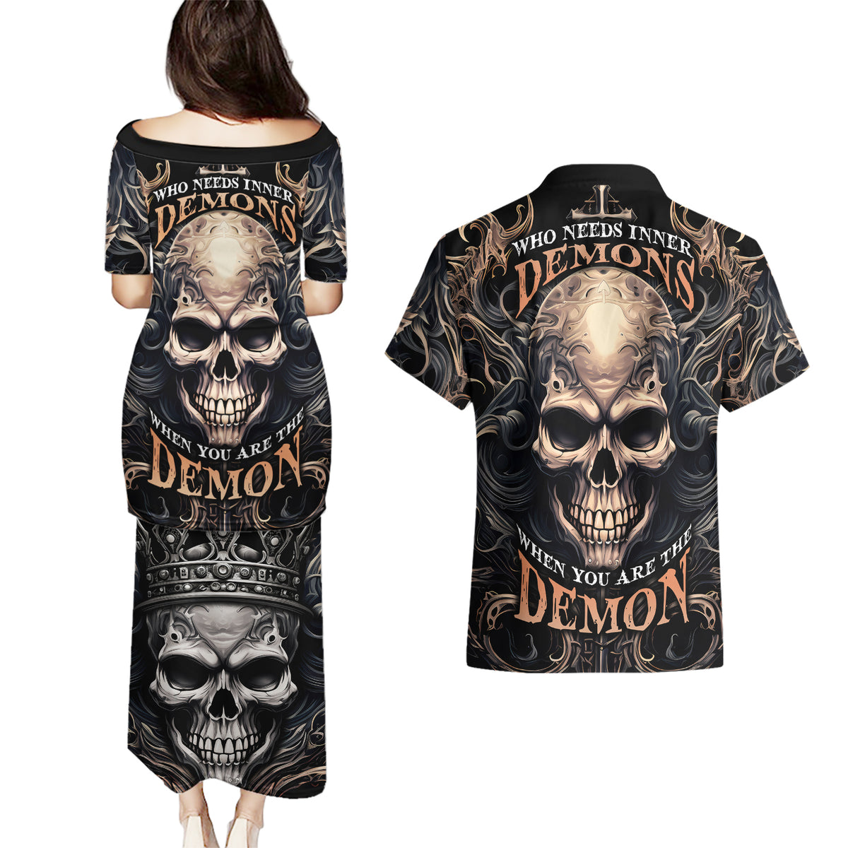 Skull Fantasy Couples Matching Puletasi Dress and Hawaiian Shirt Who Needs Inner Demons When You Are The Demon - Wonder Print Shop