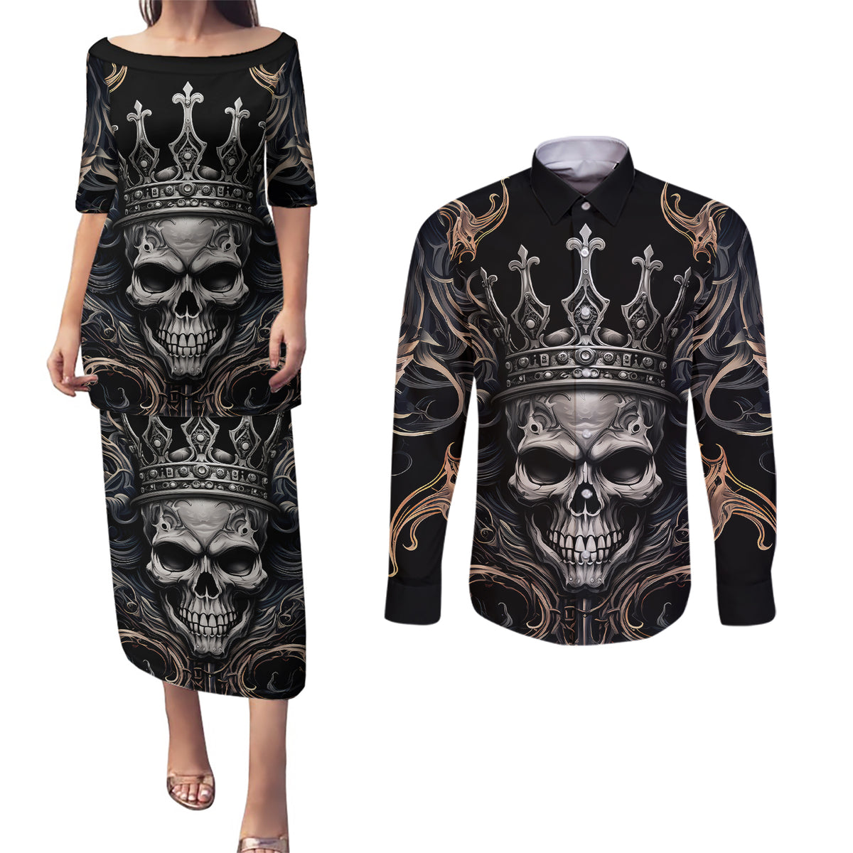 Skull Fantasy Couples Matching Puletasi Dress and Long Sleeve Button Shirts Who Needs Inner Demons When You Are The Demon - Wonder Print Shop