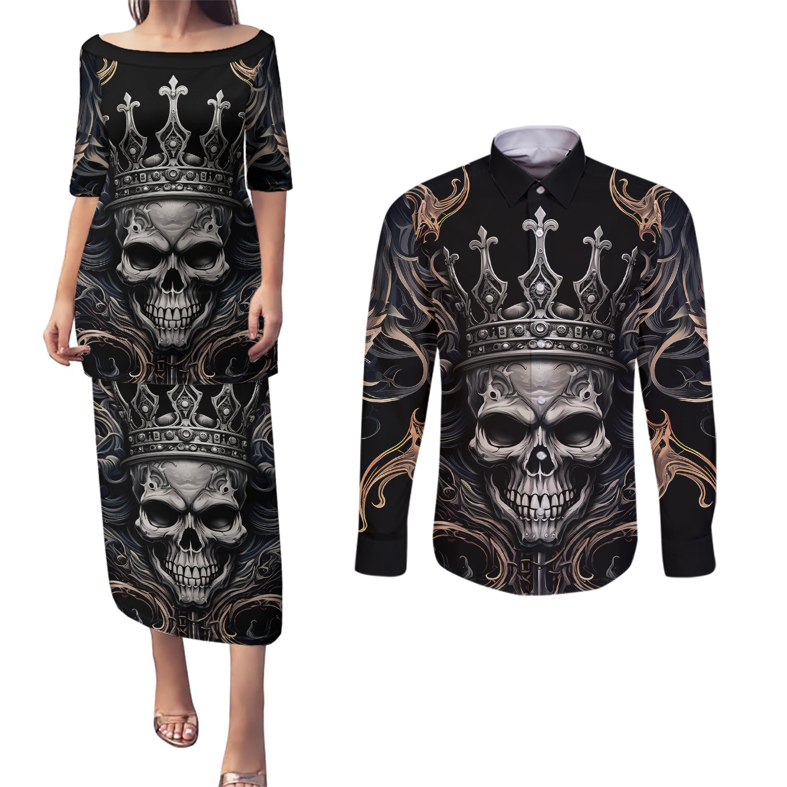 Skull Fantasy Couples Matching Puletasi Dress and Long Sleeve Button Shirts Who Needs Inner Demons When You Are The Demon - Wonder Print Shop