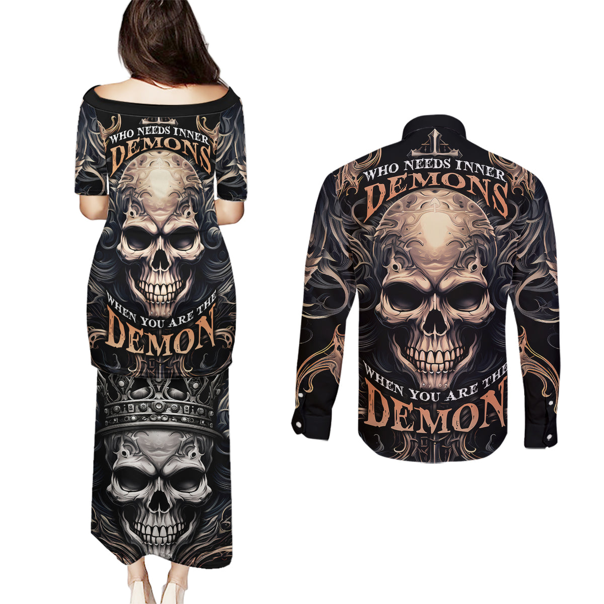 Skull Fantasy Couples Matching Puletasi Dress and Long Sleeve Button Shirts Who Needs Inner Demons When You Are The Demon - Wonder Print Shop