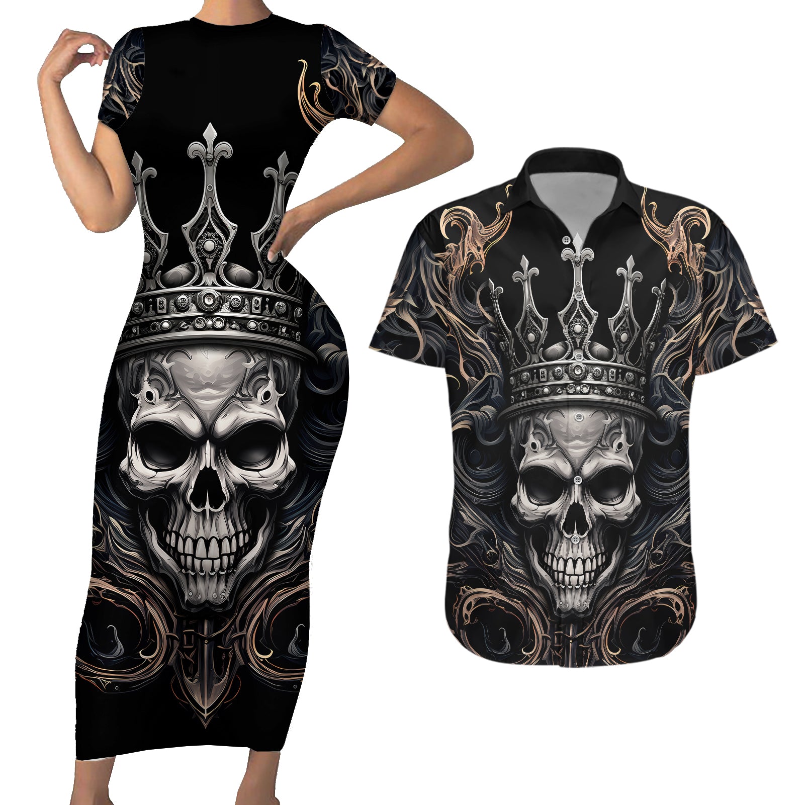 Skull Fantasy Couples Matching Short Sleeve Bodycon Dress and Hawaiian Shirt Who Needs Inner Demons When You Are The Demon - Wonder Print Shop