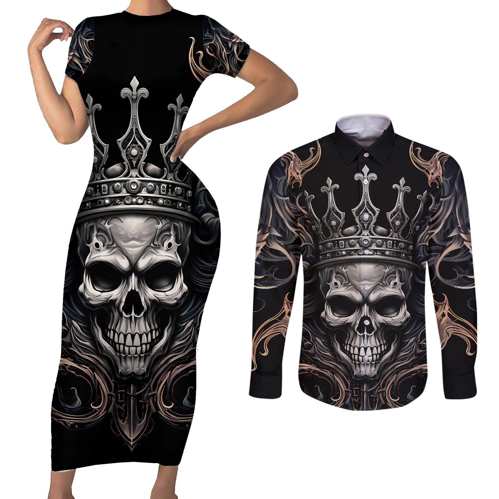 Skull Fantasy Couples Matching Short Sleeve Bodycon Dress and Long Sleeve Button Shirts Who Needs Inner Demons When You Are The Demon - Wonder Print Shop