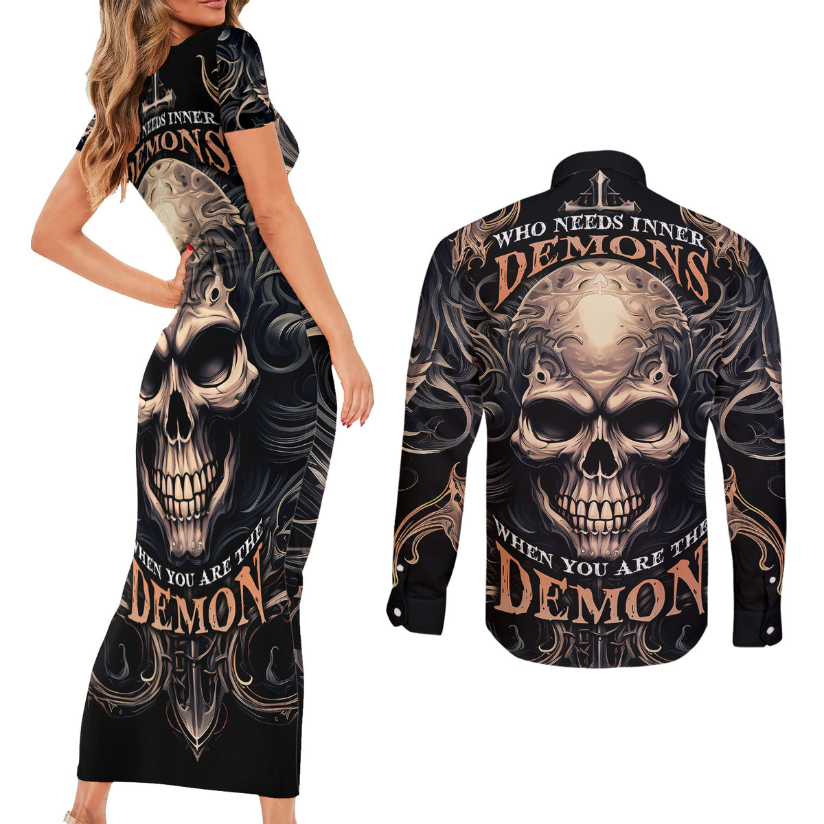 Skull Fantasy Couples Matching Short Sleeve Bodycon Dress and Long Sleeve Button Shirts Who Needs Inner Demons When You Are The Demon - Wonder Print Shop