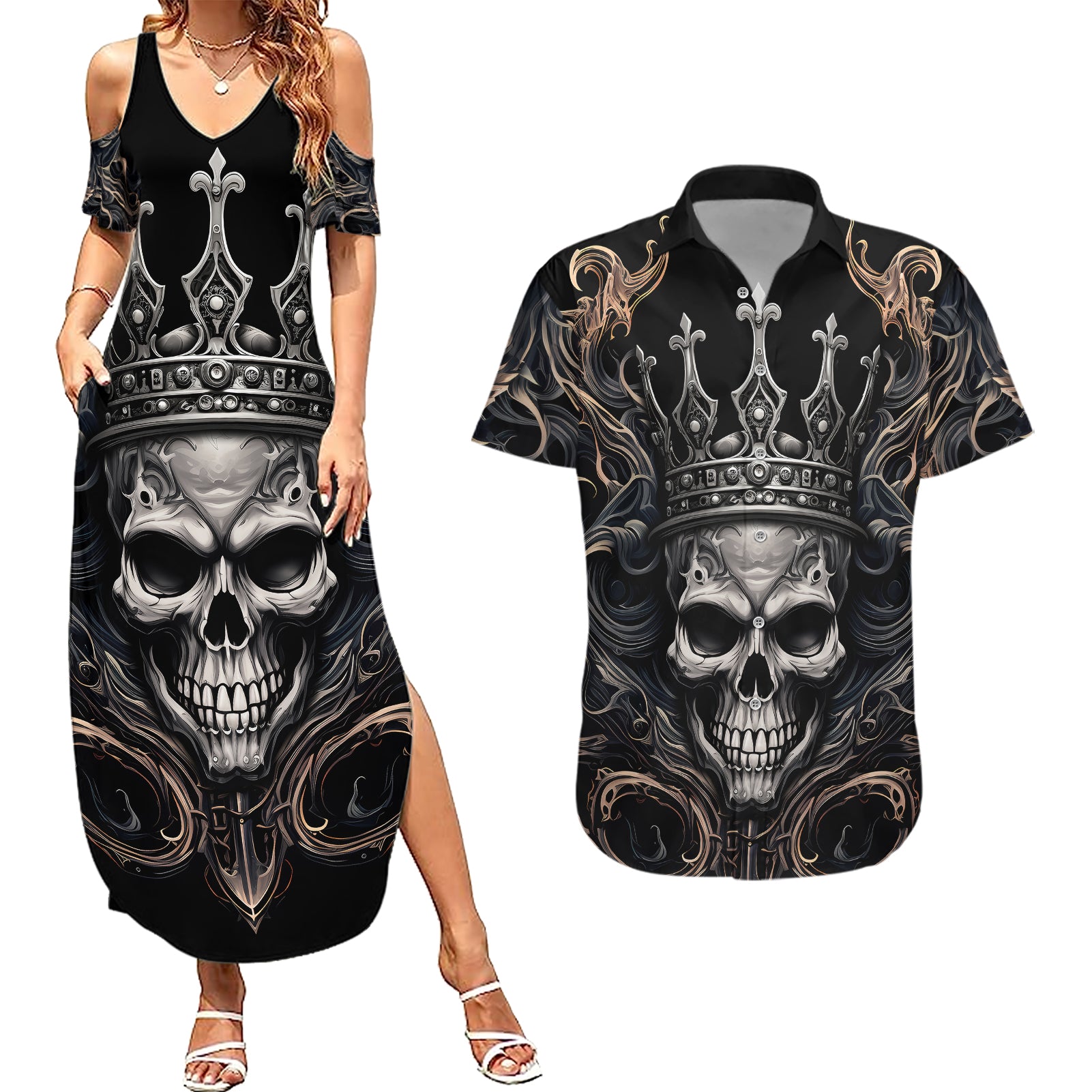 Skull Fantasy Couples Matching Summer Maxi Dress and Hawaiian Shirt Who Needs Inner Demons When You Are The Demon - Wonder Print Shop