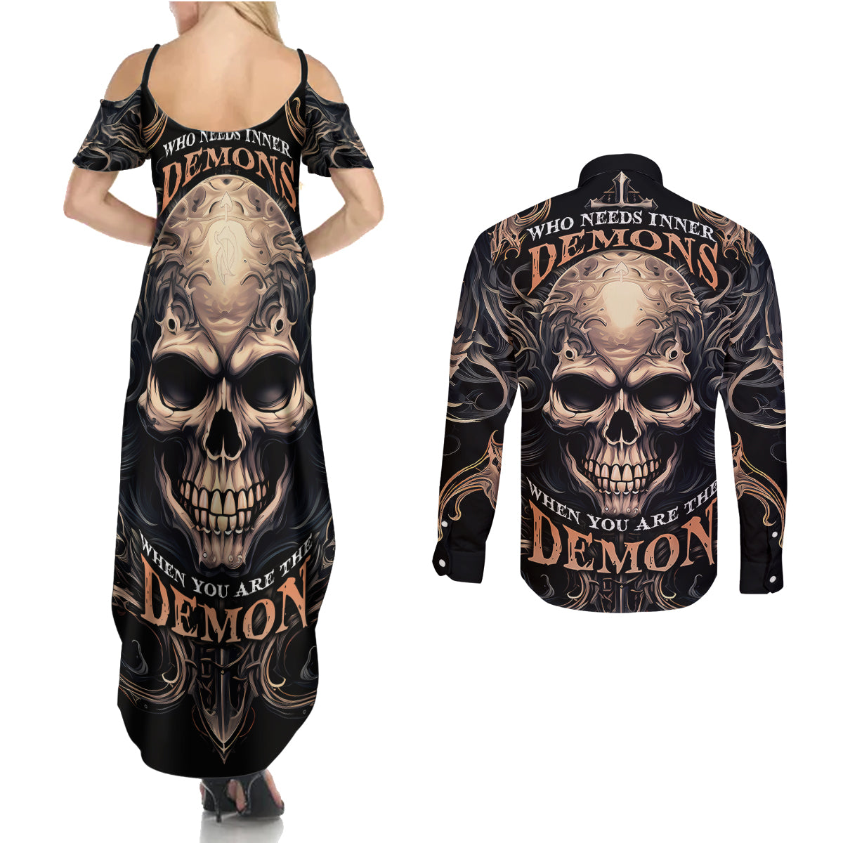 Skull Fantasy Couples Matching Summer Maxi Dress and Long Sleeve Button Shirts Who Needs Inner Demons When You Are The Demon - Wonder Print Shop