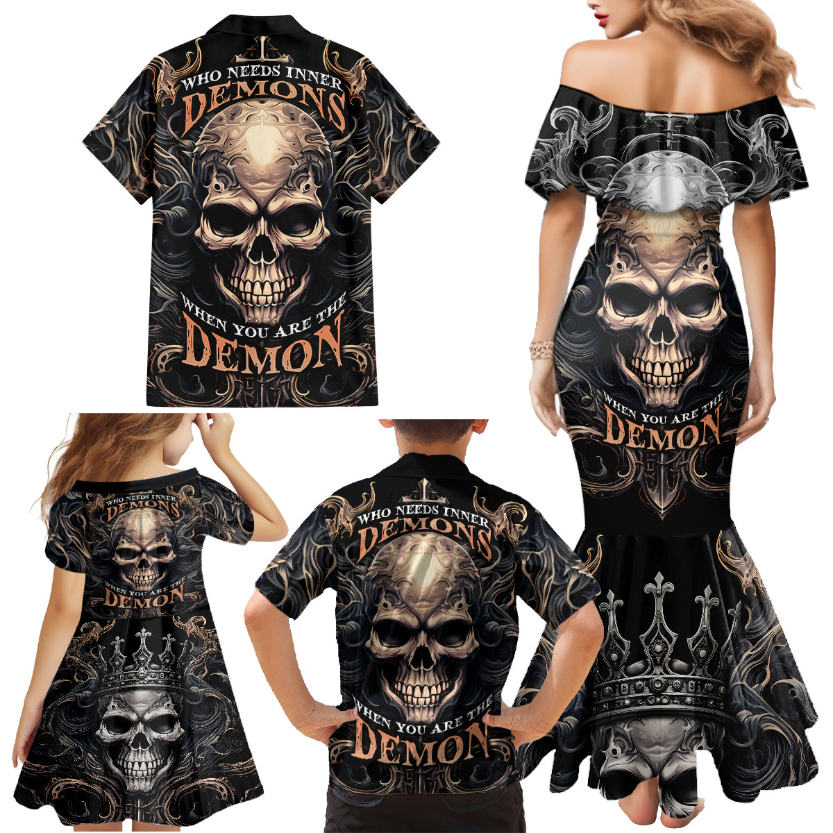 Skull Fantasy Family Matching Mermaid Dress and Hawaiian Shirt Who Needs Inner Demons When You Are The Demon - Wonder Print Shop