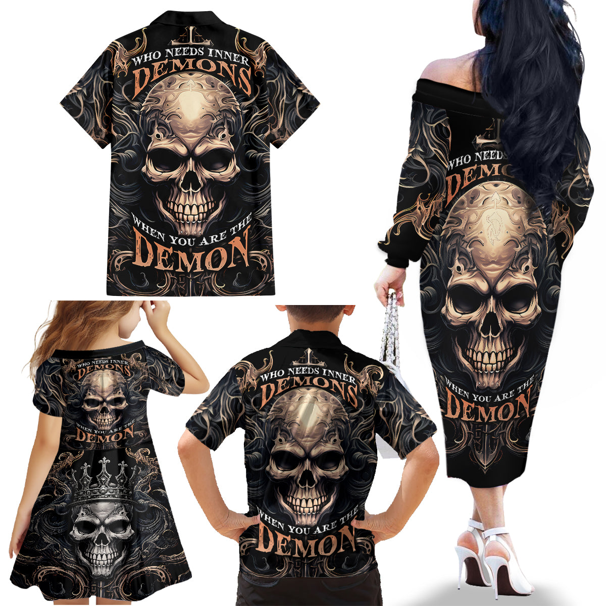 Skull Fantasy Family Matching Off Shoulder Long Sleeve Dress and Hawaiian Shirt Who Needs Inner Demons When You Are The Demon - Wonder Print Shop
