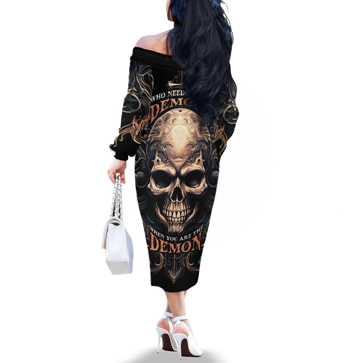 Skull Fantasy Family Matching Off Shoulder Long Sleeve Dress and Hawaiian Shirt Who Needs Inner Demons When You Are The Demon - Wonder Print Shop