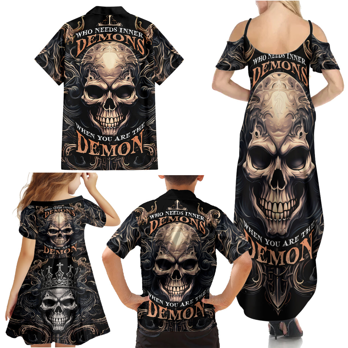 Skull Fantasy Family Matching Summer Maxi Dress and Hawaiian Shirt Who Needs Inner Demons When You Are The Demon - Wonder Print Shop