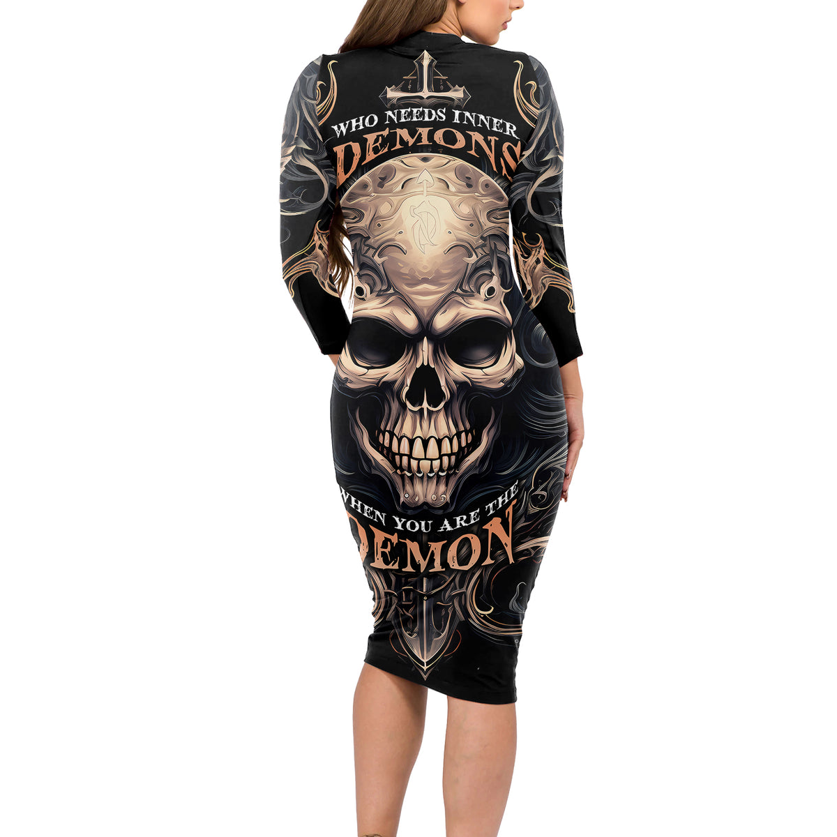 Skull Fantasy Long Sleeve Bodycon Dress Who Needs Inner Demons When You Are The Demon - Wonder Print Shop