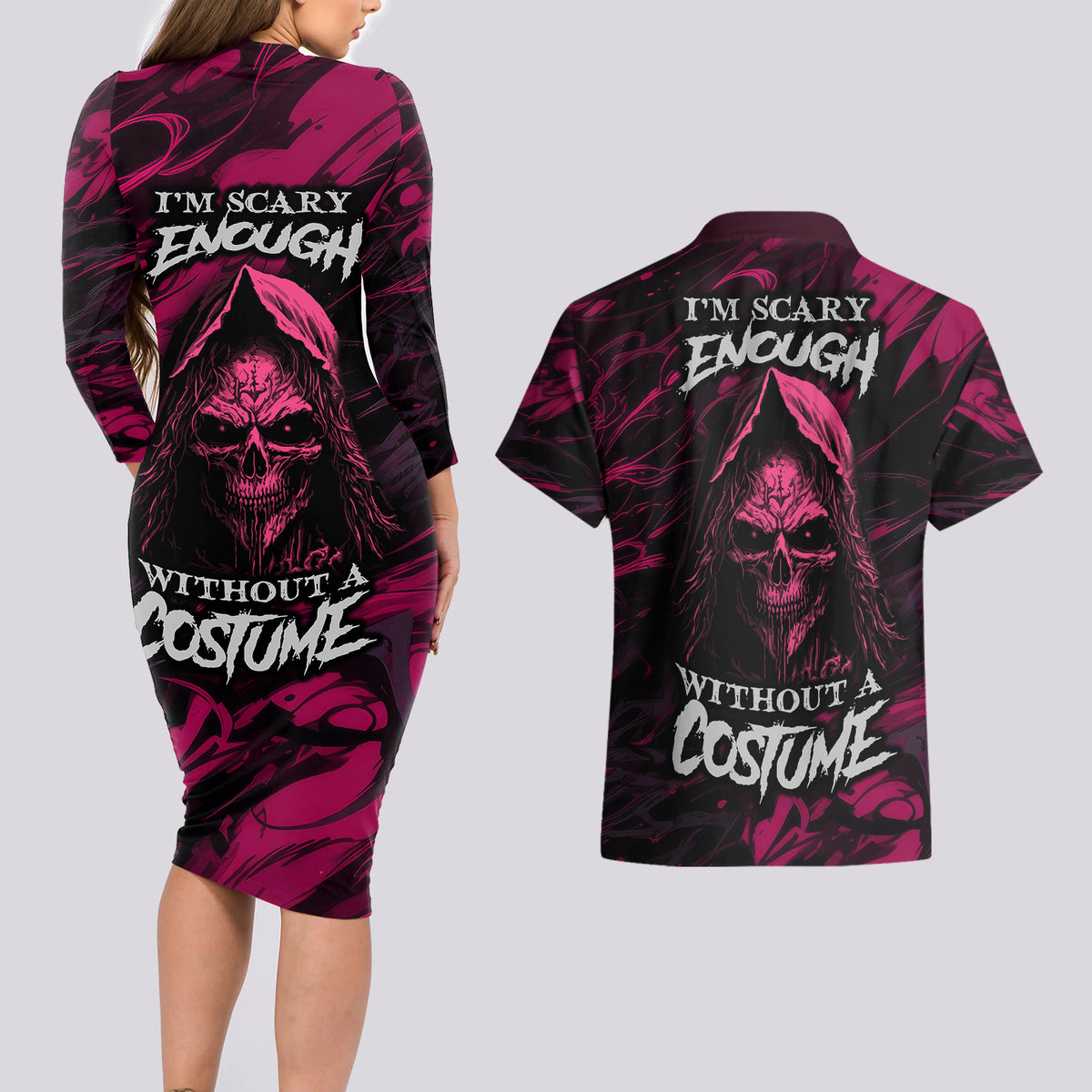 Death Skull Couples Matching Long Sleeve Bodycon Dress and Hawaiian Shirt I'm Scary Enough Without A Costume - Wonder Print Shop