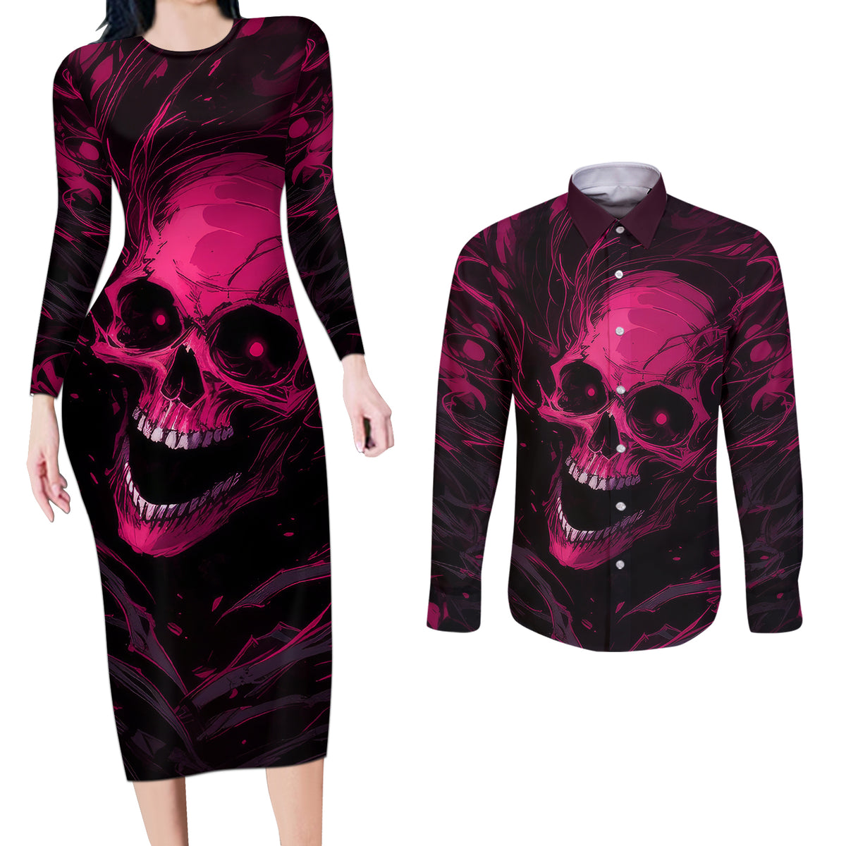 Death Skull Couples Matching Long Sleeve Bodycon Dress and Long Sleeve Button Shirts I'm Scary Enough Without A Costume - Wonder Print Shop