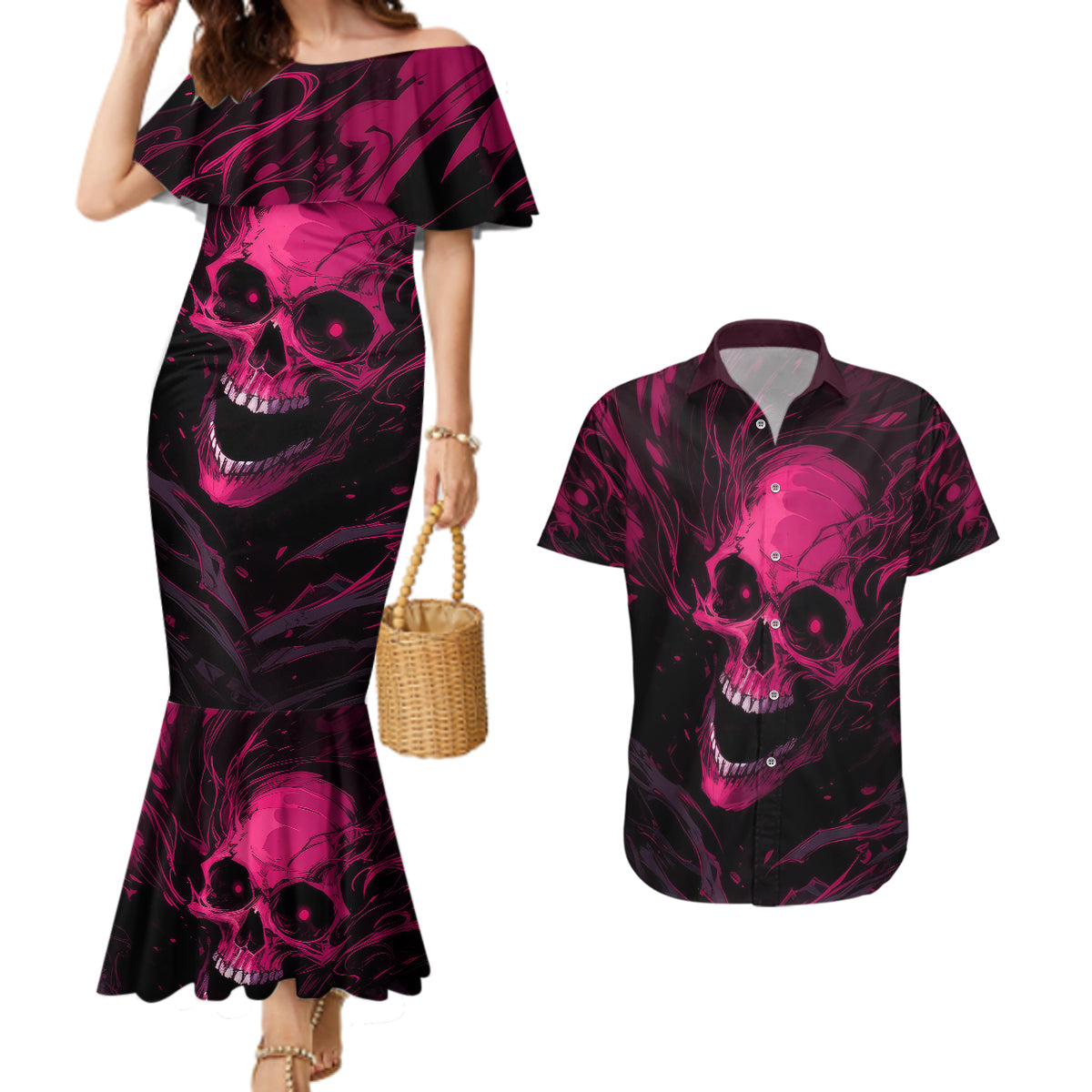 Death Skull Couples Matching Mermaid Dress and Hawaiian Shirt I'm Scary Enough Without A Costume - Wonder Print Shop