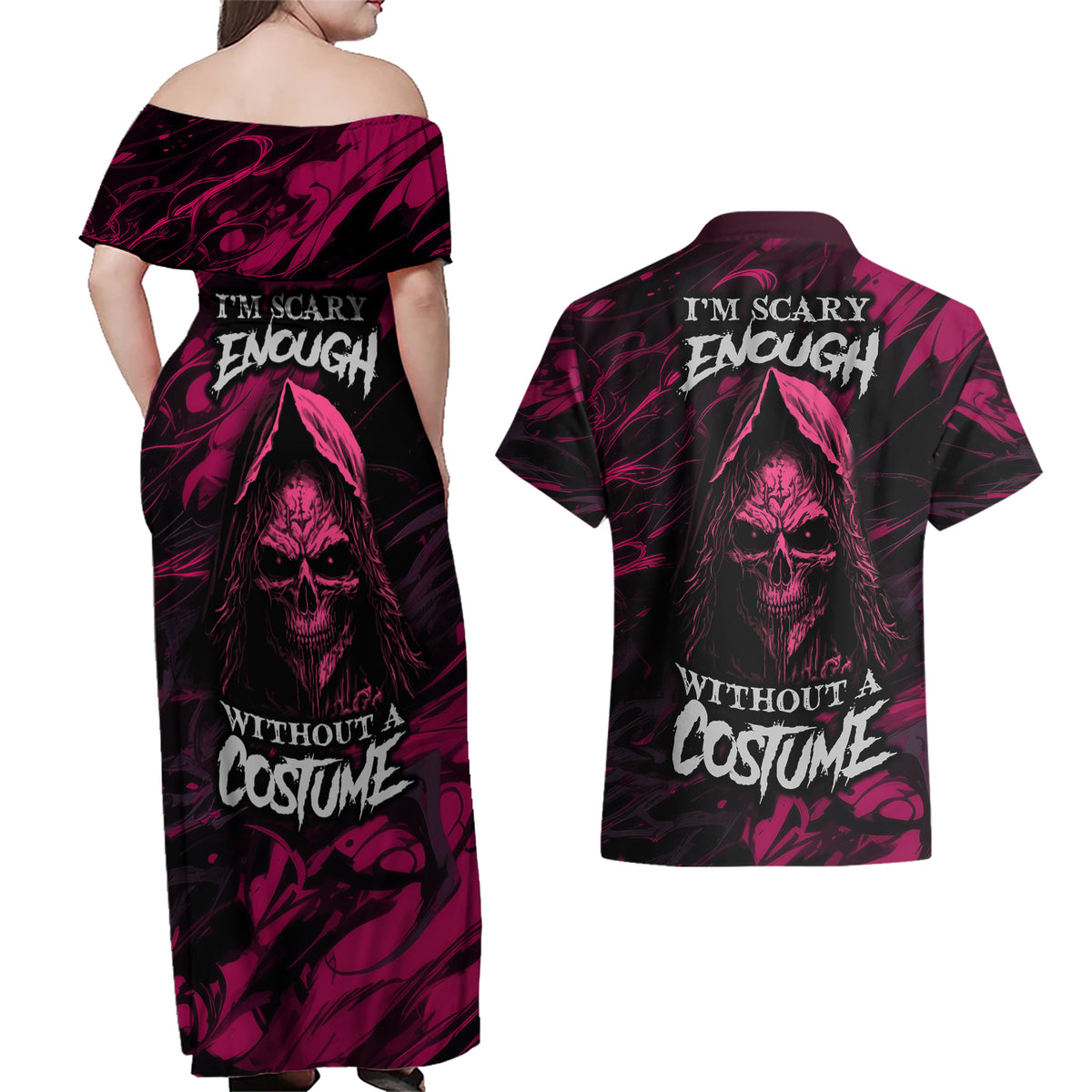Death Skull Couples Matching Off Shoulder Maxi Dress and Hawaiian Shirt I'm Scary Enough Without A Costume - Wonder Print Shop