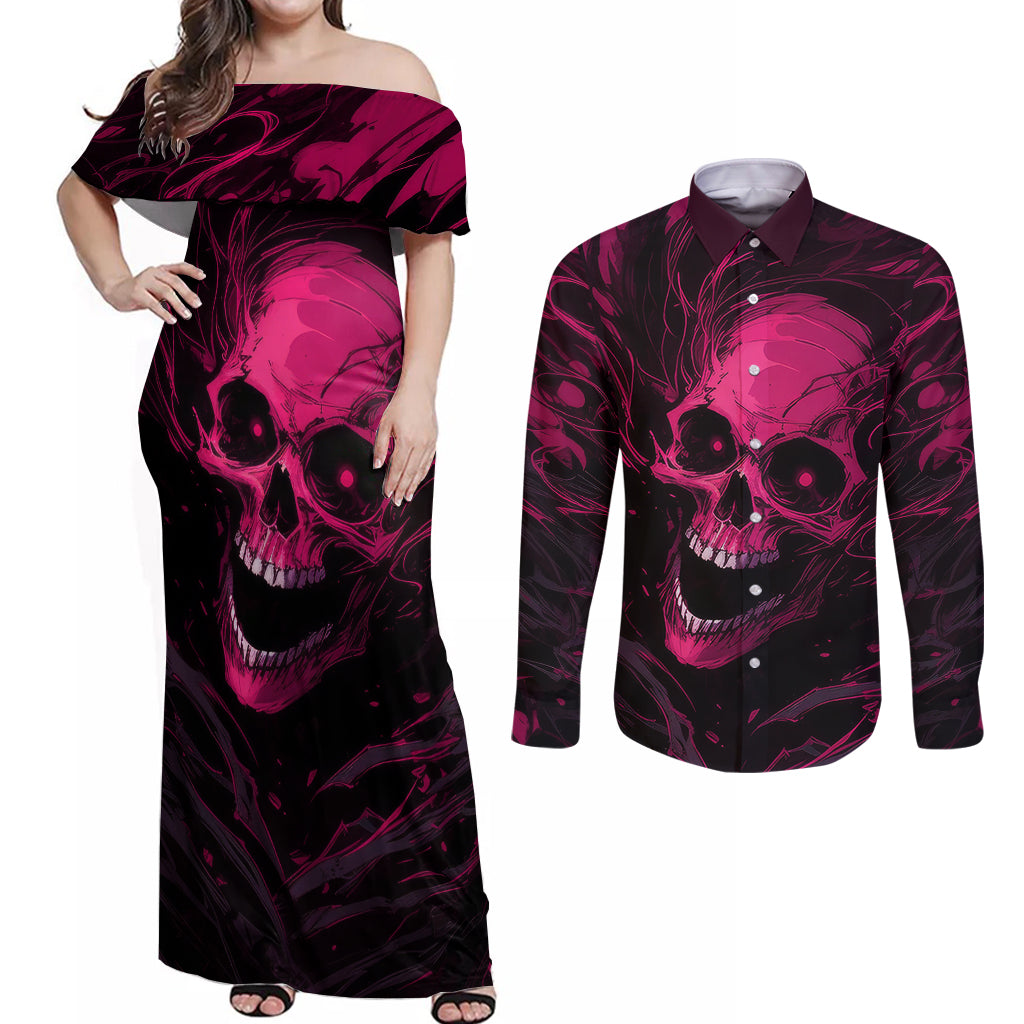 Death Skull Couples Matching Off Shoulder Maxi Dress and Long Sleeve Button Shirts I'm Scary Enough Without A Costume - Wonder Print Shop