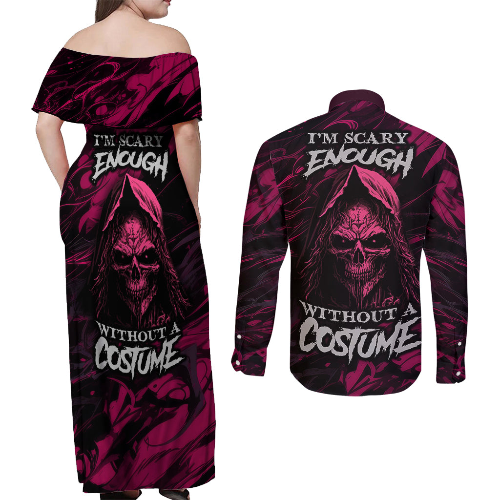 Death Skull Couples Matching Off Shoulder Maxi Dress and Long Sleeve Button Shirts I'm Scary Enough Without A Costume - Wonder Print Shop