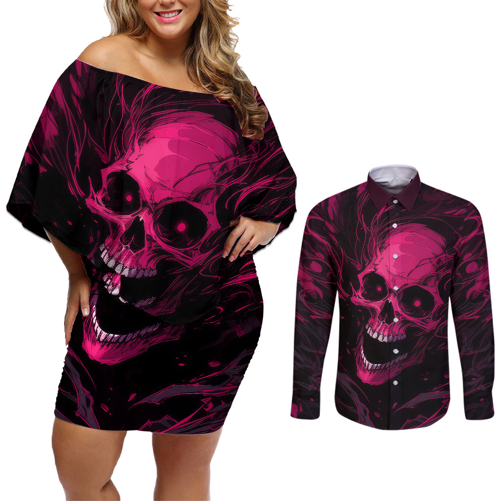 Death Skull Couples Matching Off Shoulder Short Dress and Long Sleeve Button Shirts I'm Scary Enough Without A Costume - Wonder Print Shop