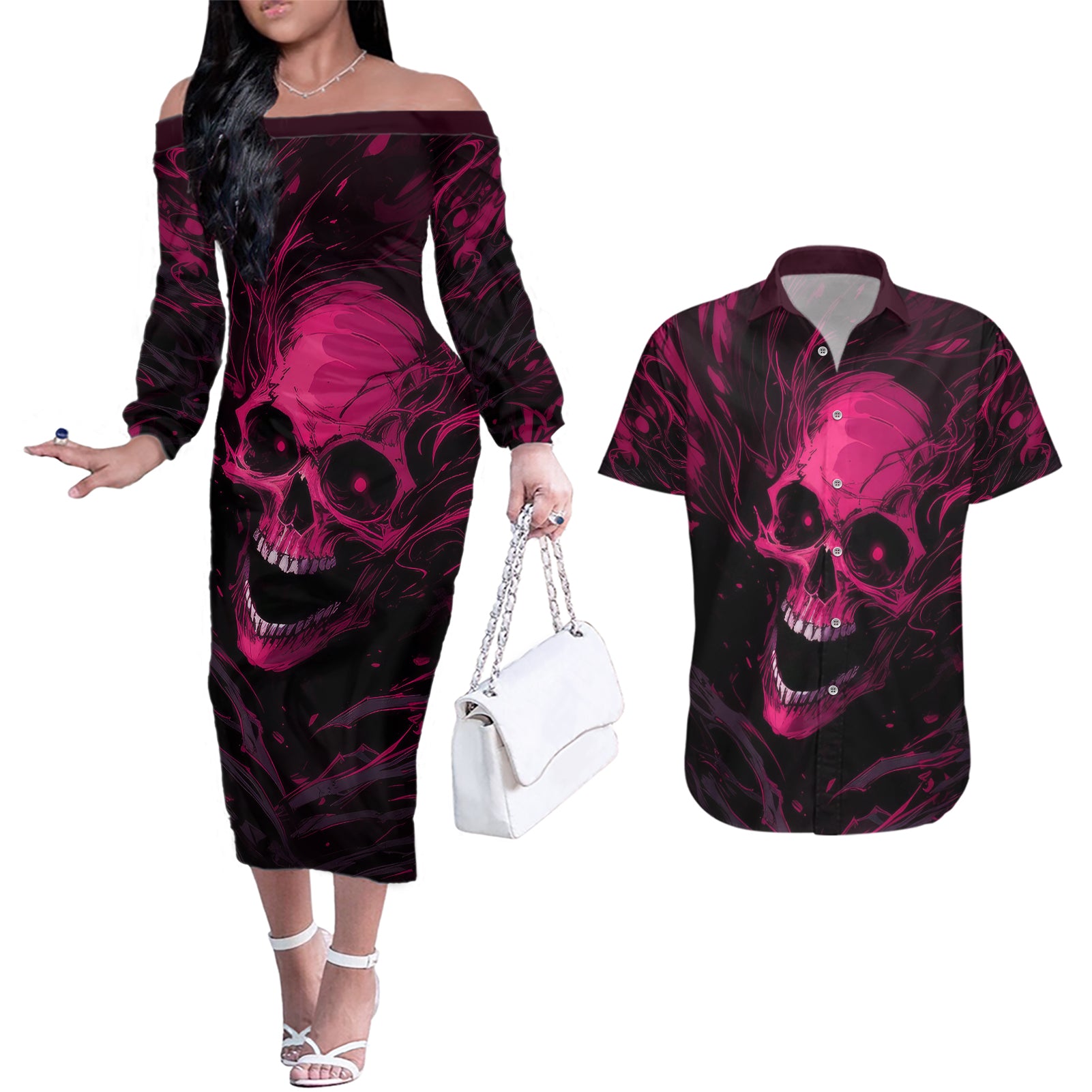 Death Skull Couples Matching Off The Shoulder Long Sleeve Dress and Hawaiian Shirt I'm Scary Enough Without A Costume - Wonder Print Shop