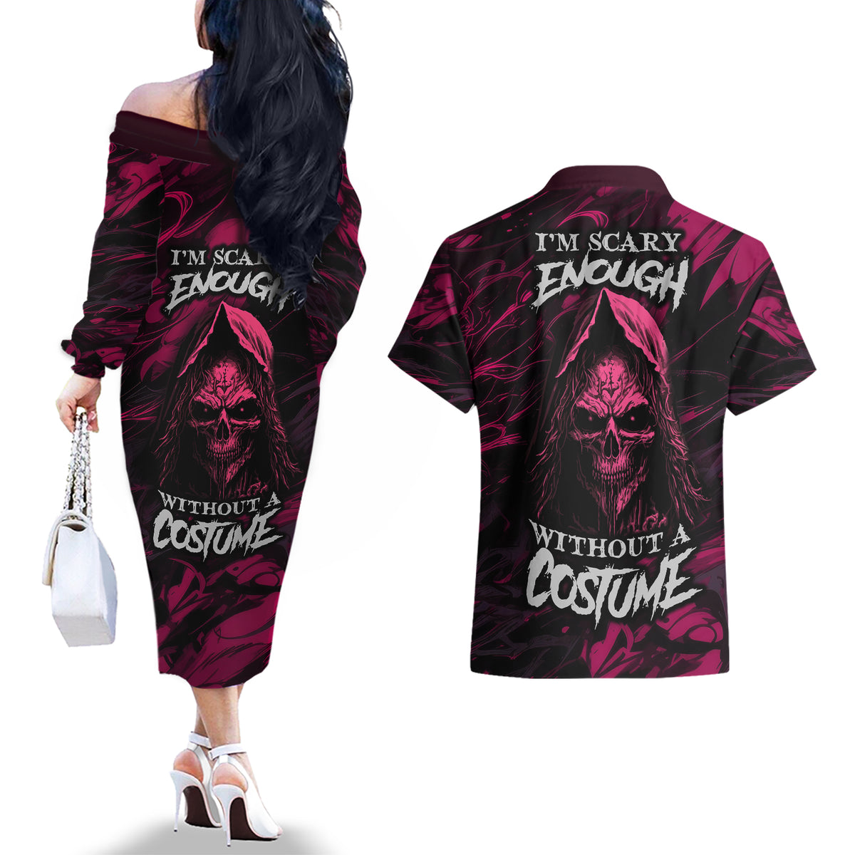 Death Skull Couples Matching Off The Shoulder Long Sleeve Dress and Hawaiian Shirt I'm Scary Enough Without A Costume - Wonder Print Shop