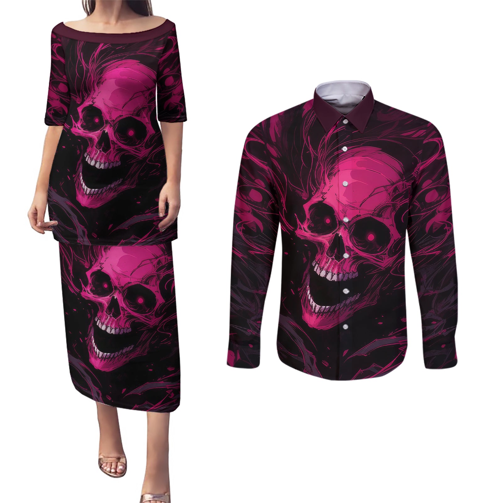 Death Skull Couples Matching Puletasi Dress and Long Sleeve Button Shirts I'm Scary Enough Without A Costume - Wonder Print Shop