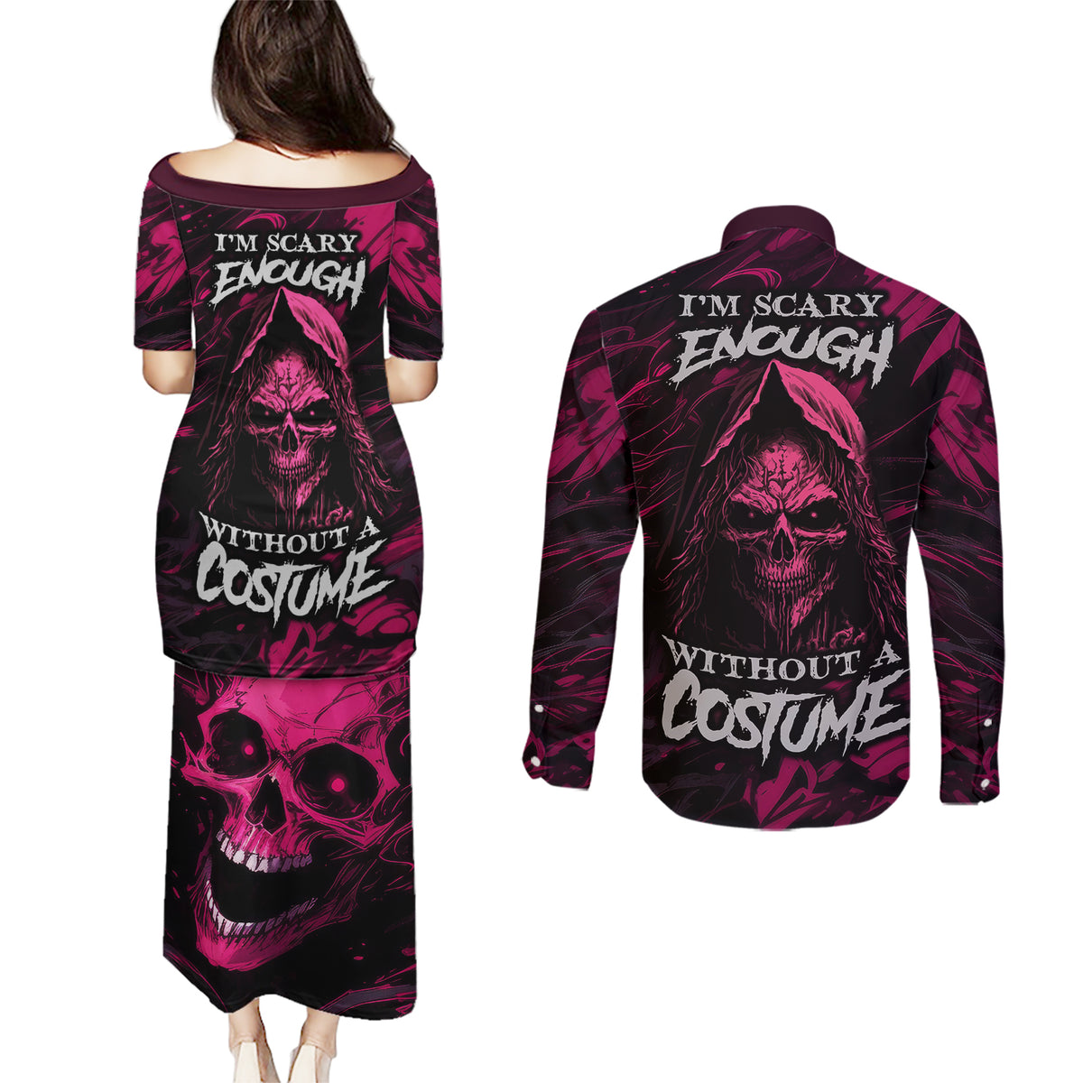 Death Skull Couples Matching Puletasi Dress and Long Sleeve Button Shirts I'm Scary Enough Without A Costume - Wonder Print Shop