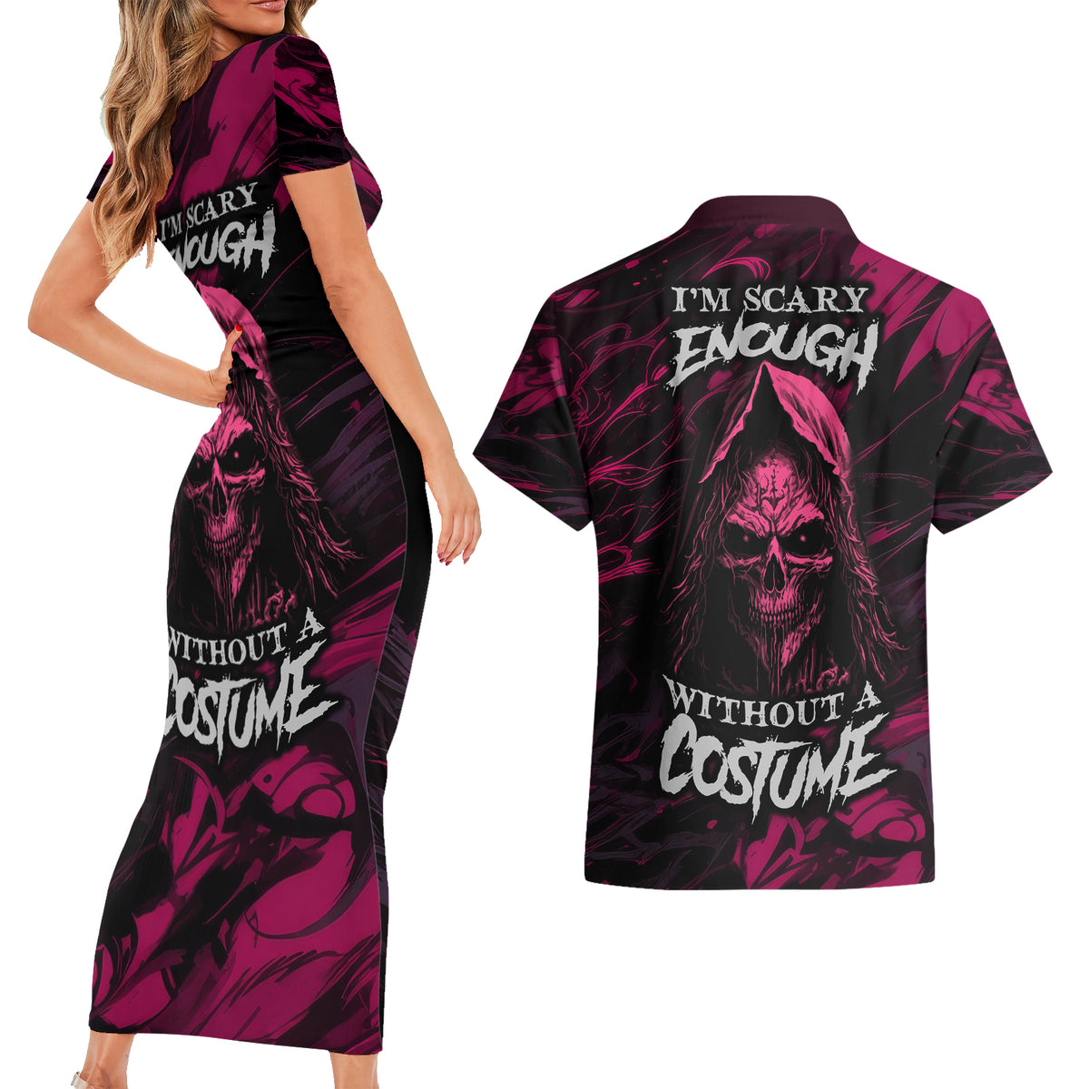 Death Skull Couples Matching Short Sleeve Bodycon Dress and Hawaiian Shirt I'm Scary Enough Without A Costume - Wonder Print Shop