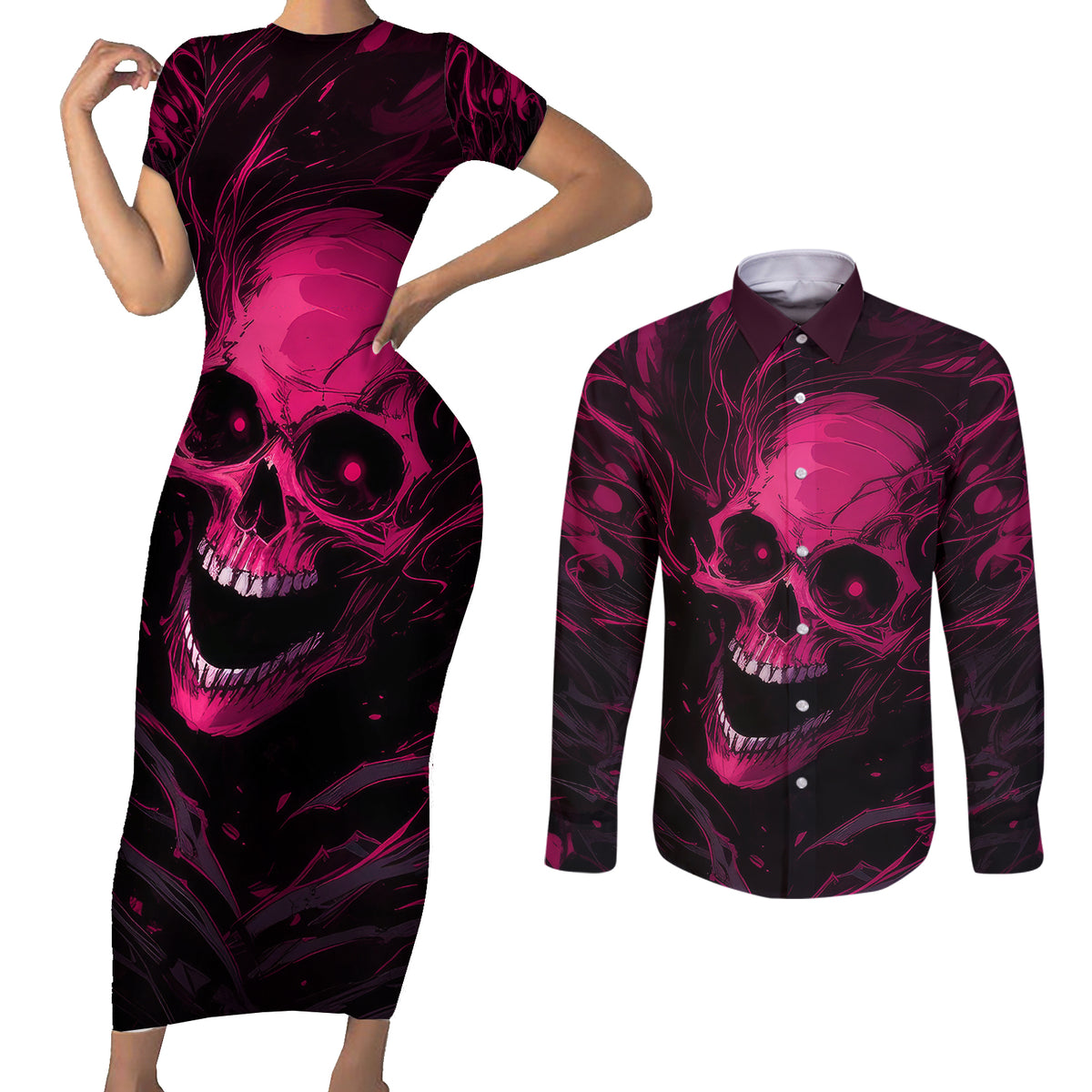 Death Skull Couples Matching Short Sleeve Bodycon Dress and Long Sleeve Button Shirts I'm Scary Enough Without A Costume - Wonder Print Shop