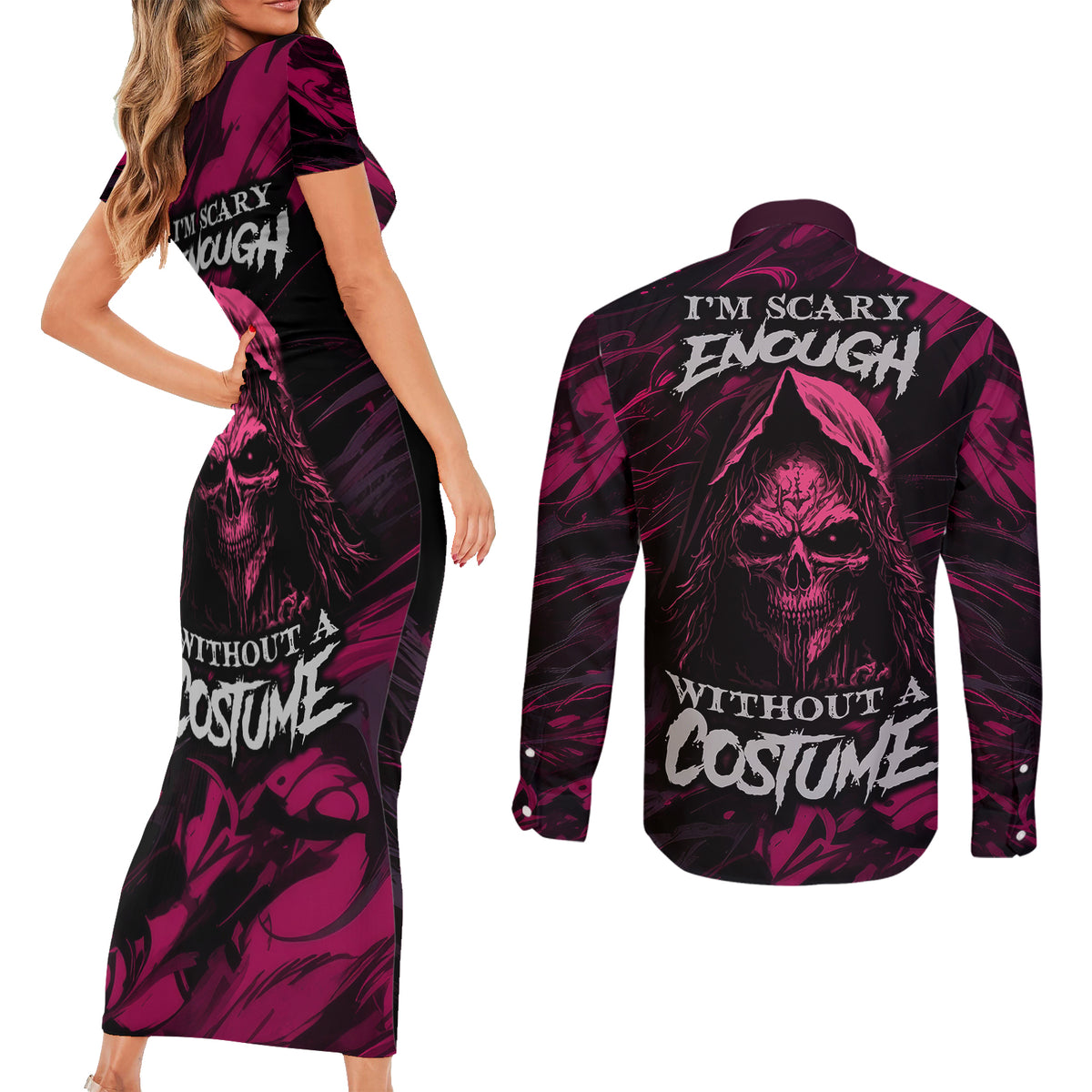 Death Skull Couples Matching Short Sleeve Bodycon Dress and Long Sleeve Button Shirts I'm Scary Enough Without A Costume - Wonder Print Shop