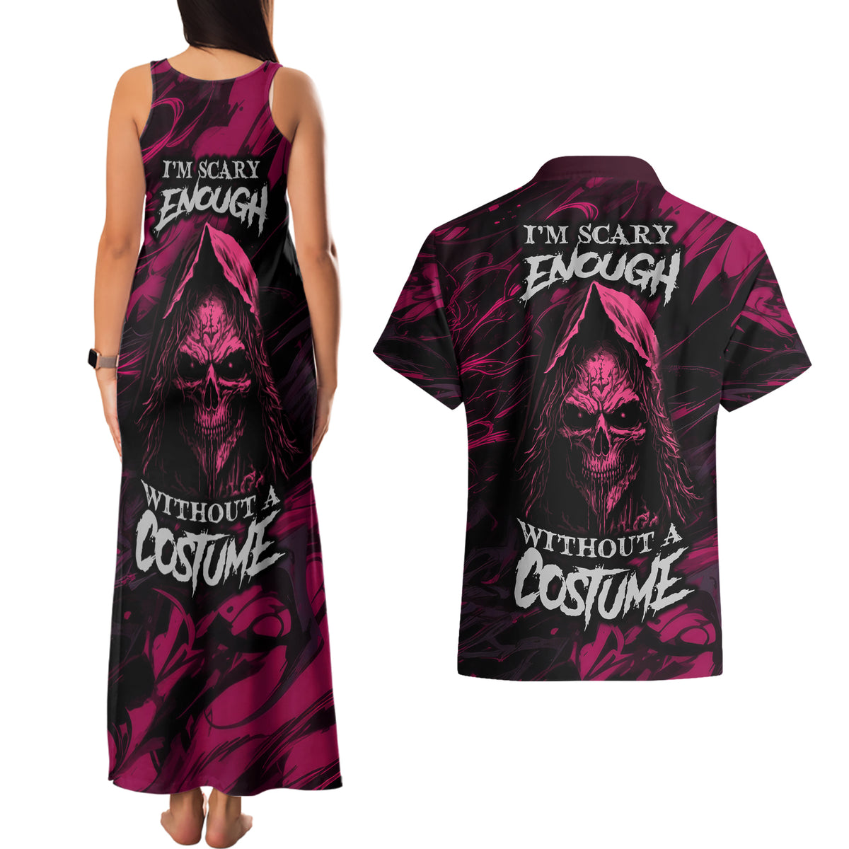 Death Skull Couples Matching Tank Maxi Dress and Hawaiian Shirt I'm Scary Enough Without A Costume - Wonder Print Shop