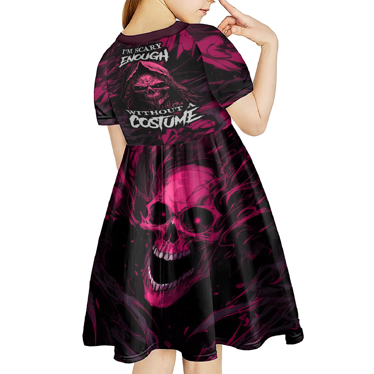 Death Skull Kid Short Sleeve Dress I'm Scary Enough Without A Costume - Wonder Print Shop