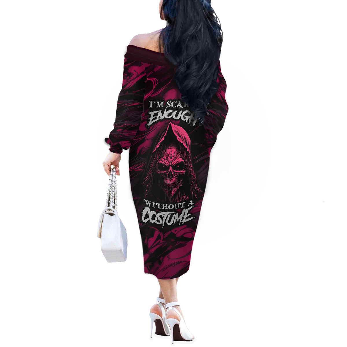 Death Skull Off The Shoulder Long Sleeve Dress I'm Scary Enough Without A Costume - Wonder Print Shop
