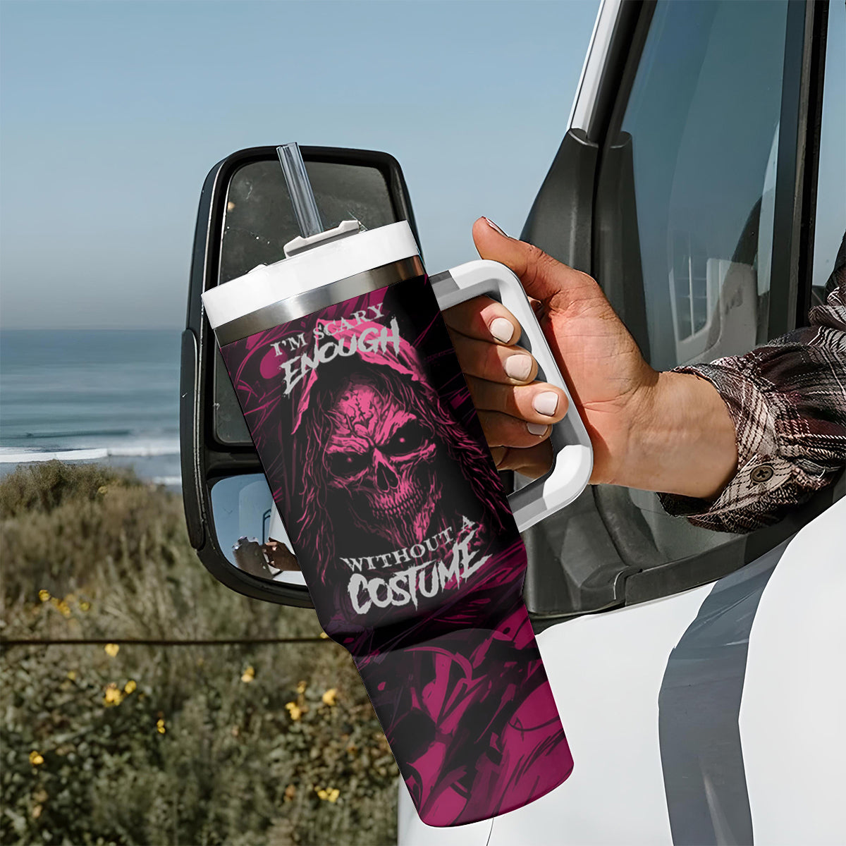 Death Skull Tumbler With Handle I'm Scary Enough Without A Costume - Wonder Print Shop