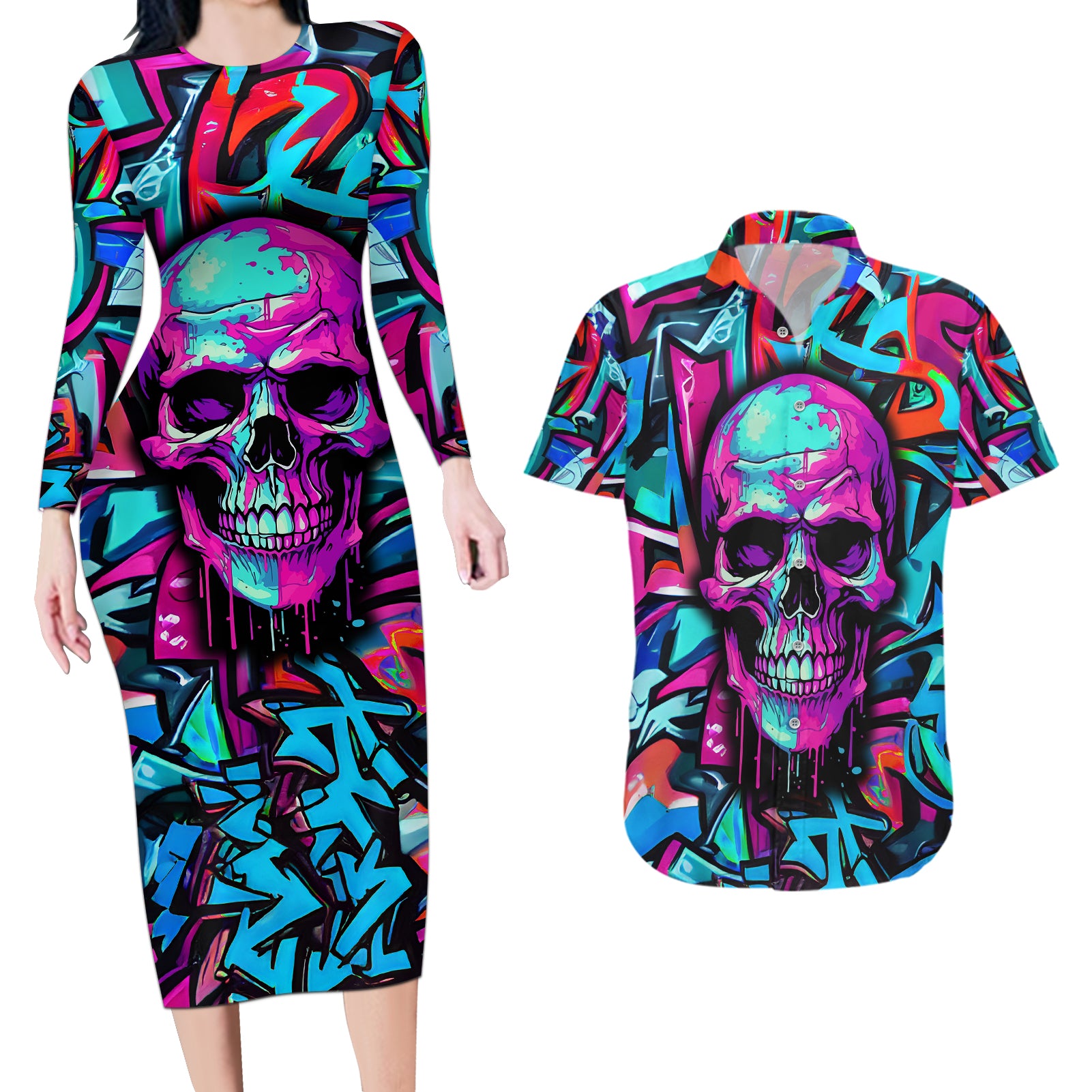 Skull Grafity Couples Matching Long Sleeve Bodycon Dress and Hawaiian Shirt You Are Never Too Young To Dream Big - Wonder Print Shop