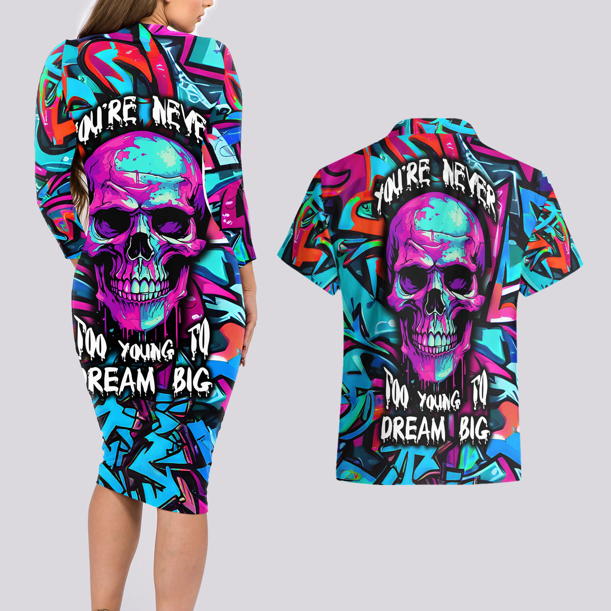 Skull Grafity Couples Matching Long Sleeve Bodycon Dress and Hawaiian Shirt You Are Never Too Young To Dream Big - Wonder Print Shop