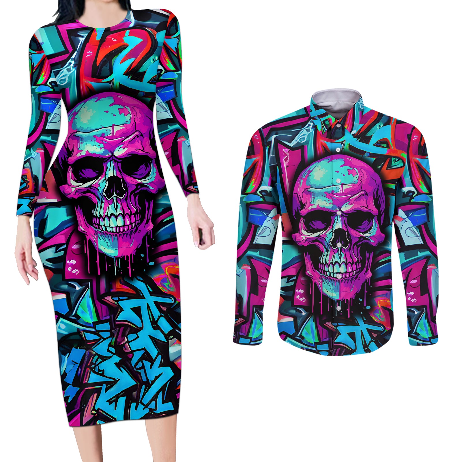 Skull Grafity Couples Matching Long Sleeve Bodycon Dress and Long Sleeve Button Shirts You Are Never Too Young To Dream Big - Wonder Print Shop