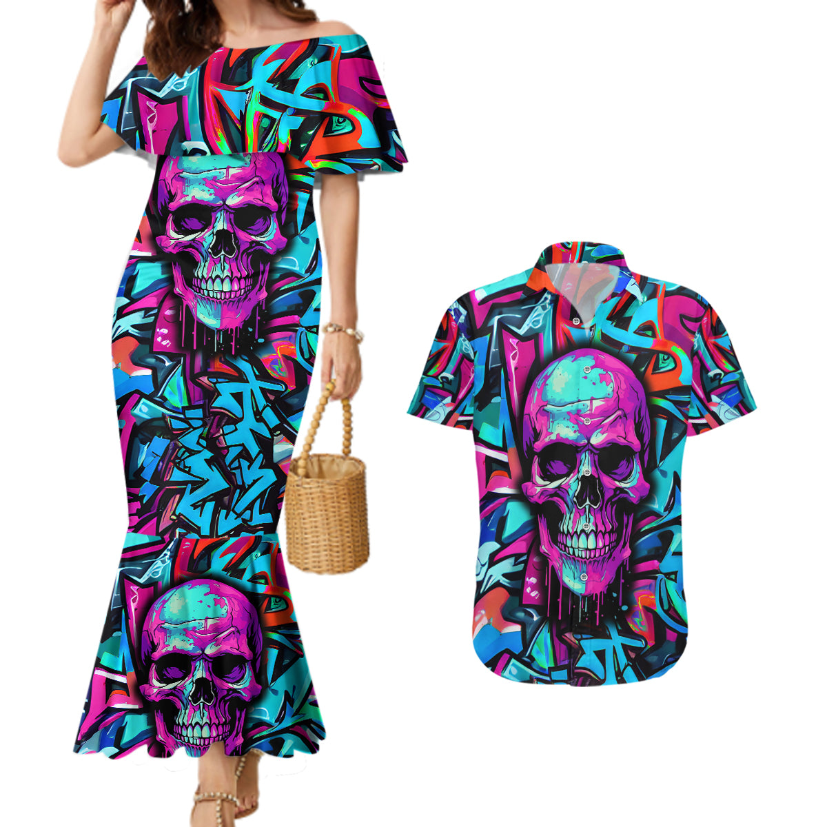 Skull Grafity Couples Matching Mermaid Dress and Hawaiian Shirt You Are Never Too Young To Dream Big - Wonder Print Shop