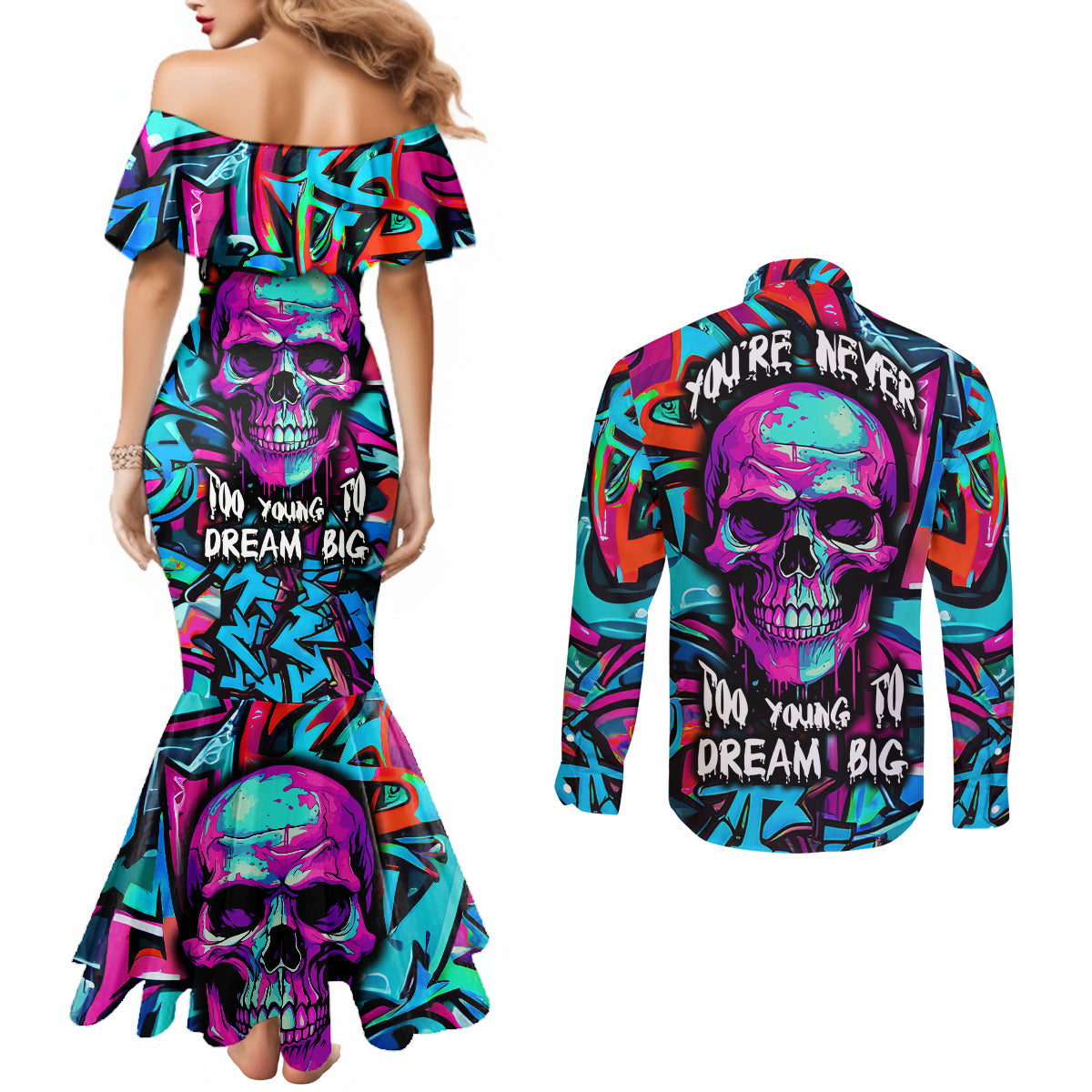 skull-grafity-couples-matching-mermaid-dress-and-long-sleeve-button-shirts-you-are-never-too-young-to-dream-big