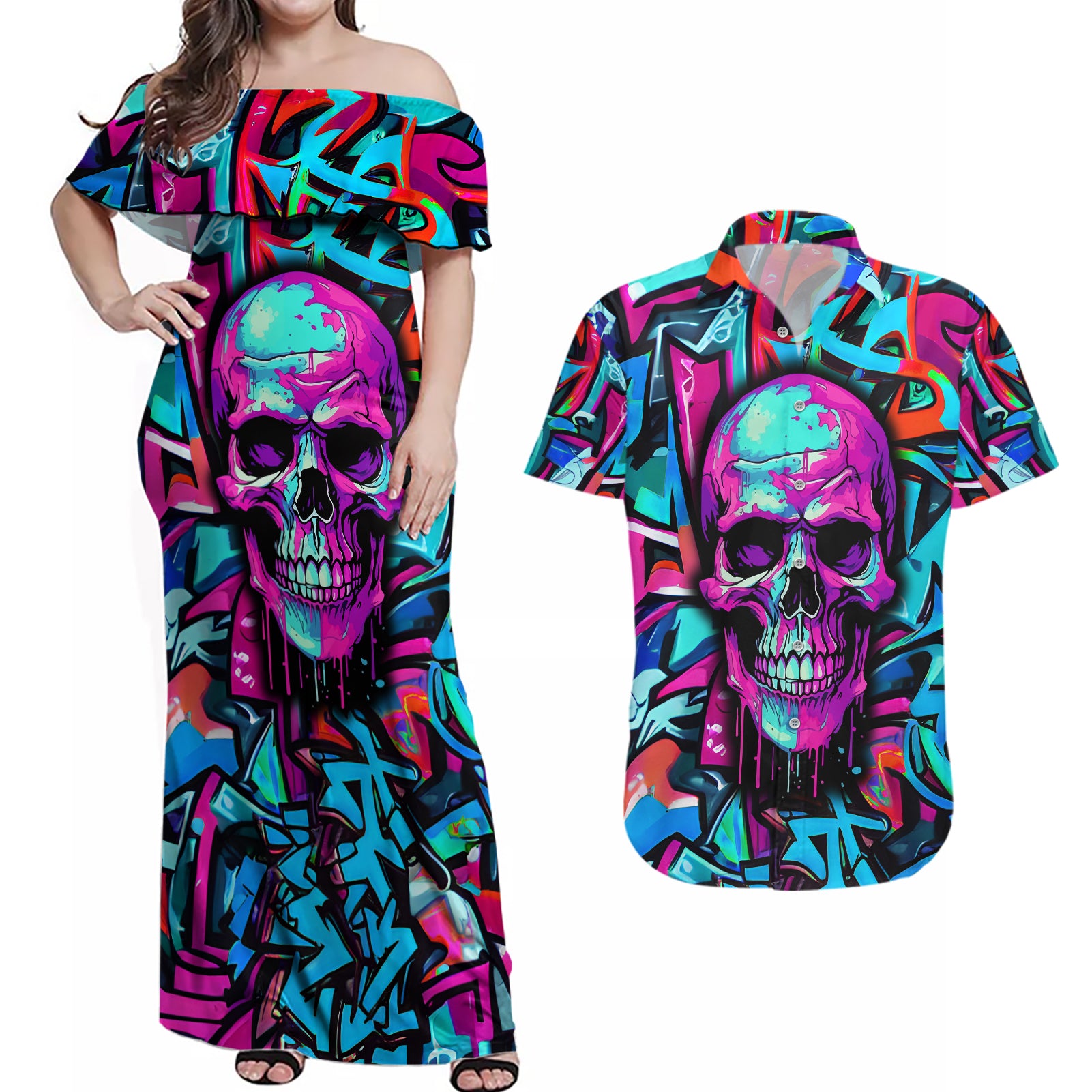 Skull Grafity Couples Matching Off Shoulder Maxi Dress and Hawaiian Shirt You Are Never Too Young To Dream Big - Wonder Print Shop