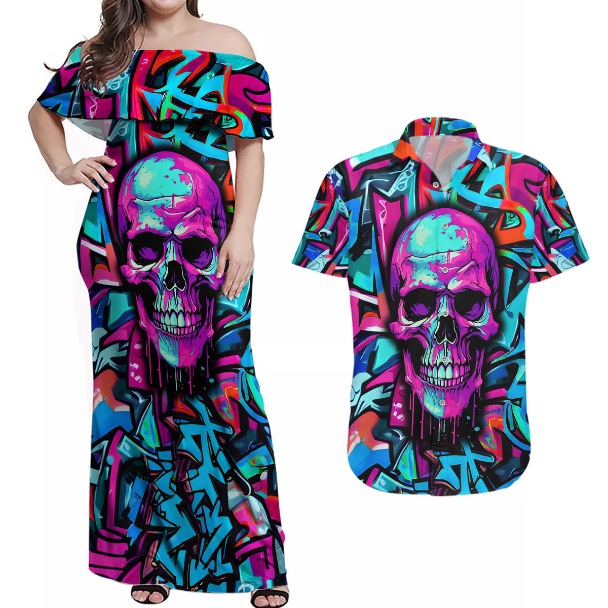 Skull Grafity Couples Matching Off Shoulder Maxi Dress and Hawaiian Shirt You Are Never Too Young To Dream Big - Wonder Print Shop
